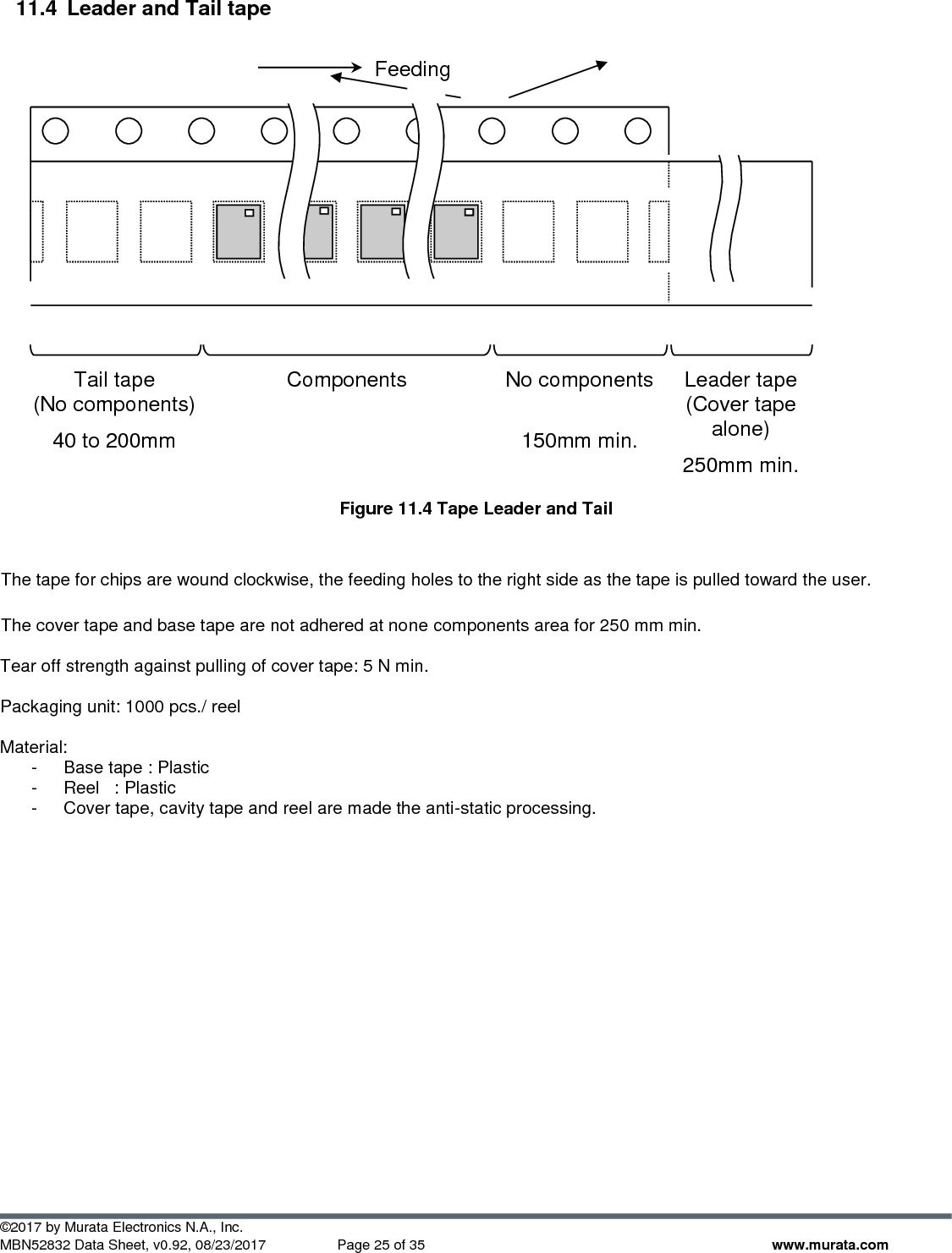  ©2017 by Murata Electronics N.A., Inc. MBN52832 Data Sheet, v0.92, 08/23/2017  Page 25 of 35 www.murata.com 11.4  Leader and Tail tape                    Figure 11.4 Tape Leader and Tail   The tape for chips are wound clockwise, the feeding holes to the right side as the tape is pulled toward the user.   The cover tape and base tape are not adhered at none components area for 250 mm min.    Tear off strength against pulling of cover tape: 5 N min.    Packaging unit: 1000 pcs./ reel    Material:  -  Base tape : Plastic  -  Reel   : Plastic   -  Cover tape, cavity tape and reel are made the anti-static processing.    Tail tape (No components)  40 to 200mm Components No components   150mm min. Leader tape (Cover tape alone)  250mm min. Feeding direction 