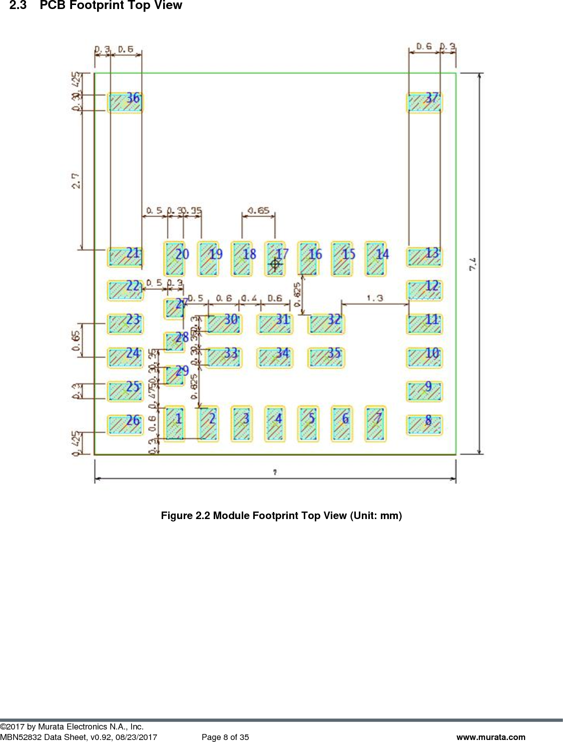 ©2017 by Murata Electronics N.A., Inc. MBN52832 Data Sheet, v0.92, 08/23/2017  Page 8 of 35 www.murata.com 2.3  PCB Footprint Top View   Figure 2.2 Module Footprint Top View (Unit: mm)      