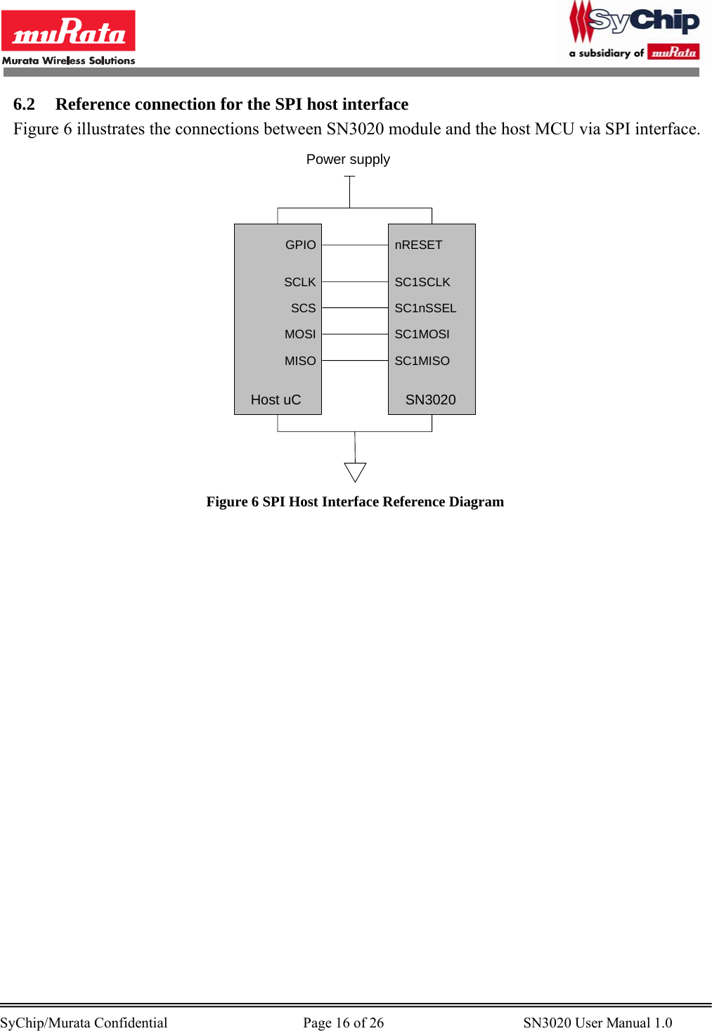        SyChip/Murata Confidential                                     Page 16 of 26                                      SN3020 User Manual 1.0                                       6.2 Reference connection for the SPI host interface Figure 6 illustrates the connections between SN3020 module and the host MCU via SPI interface. GPIOSCLKSCSMOSIMISOHost uCnRESETSC1SCLKSC1nSSELSC1MOSISC1MISOSN3020Power supply Figure 6 SPI Host Interface Reference Diagram 
