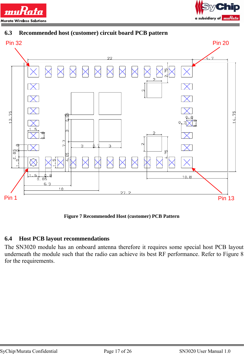        SyChip/Murata Confidential                                     Page 17 of 26                                      SN3020 User Manual 1.0                                       6.3 Recommended host (customer) circuit board PCB pattern Pin 1 Pin 13Pin 20Pin 32 Figure 7 Recommended Host (customer) PCB Pattern  6.4 Host PCB layout recommendations The SN3020 module has an onboard antenna therefore it requires some special host PCB layout underneath the module such that the radio can achieve its best RF performance. Refer to Figure 8 for the requirements.     