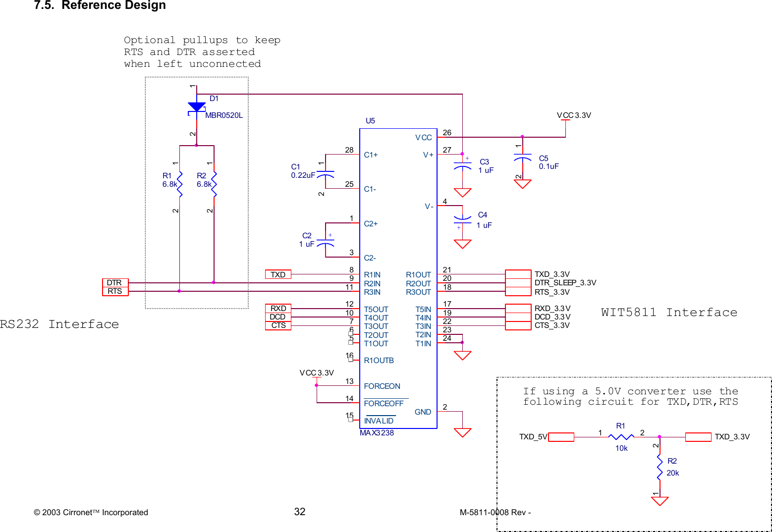  © 2003 Cirronet Incorporated  32  M-5811-0008 Rev -     7.5.  Reference Design  TXDRTS_3. 3VIf using a 5.0V converter use thefollowing circuit for TXD,DTR,RTSDTRDCD_3.3 VDCDV CC 3. 3VU5MA X3 23828251316567101221201891182627413141521917232224C1+C1-C2+C2-R1OUTBT1OUTT2OUTT3OUTT4OUTT5OUTR1OUTR2OUTR3OUTR2INR3INR1INVCCV+V-FORCEONFORCEOFFINVA LIDGNDT4INT5INT2INT3INT1INDTR_ S L EEP_ 3 . 3 VRS232 InterfaceD1MBR0520L12CTS_3. 3V+C31 uFTXD_3.3VRXDC50.1uF12RXD_3.3 VR110k1 2C10.22uF12+C41 uFWIT2410 InterfaceR16.8k12R26.8k12RTSVCC 3.3VOptional pullups to keepRTS and DTR assertedwhen left unconnectedTXD_3. 3VTXD_5VCTS+C21 uFR220k1 2WIT5811 Interface