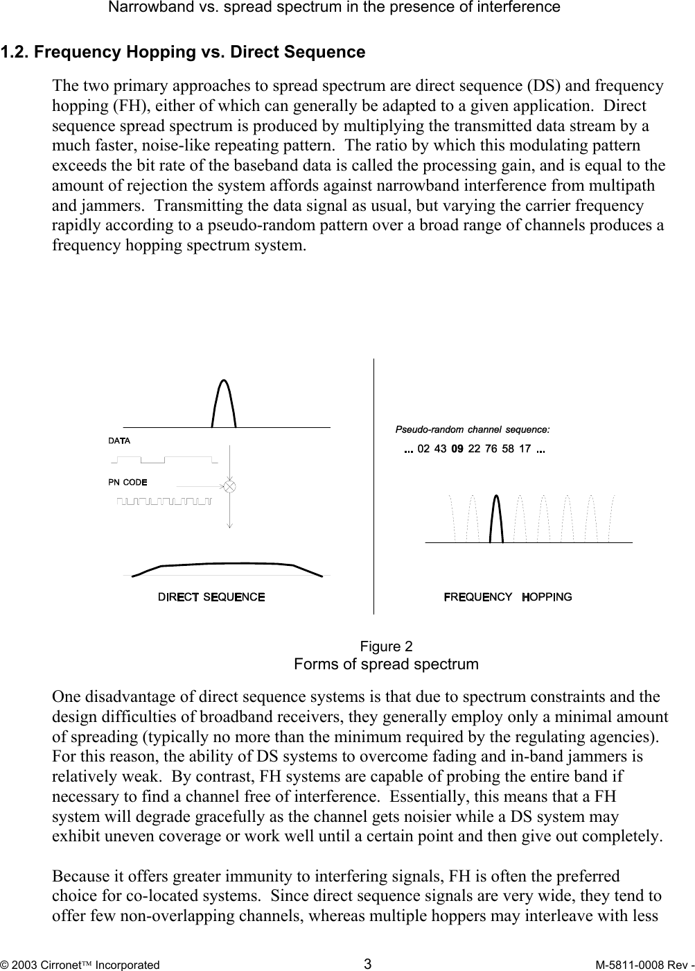  © 2003 Cirronet Incorporated  3  M-5811-0008 Rev -   Narrowband vs. spread spectrum in the presence of interference   1.2. Frequency Hopping vs. Direct Sequence  The two primary approaches to spread spectrum are direct sequence (DS) and frequency hopping (FH), either of which can generally be adapted to a given application.  Direct sequence spread spectrum is produced by multiplying the transmitted data stream by a much faster, noise-like repeating pattern.  The ratio by which this modulating pattern exceeds the bit rate of the baseband data is called the processing gain, and is equal to the amount of rejection the system affords against narrowband interference from multipath and jammers.  Transmitting the data signal as usual, but varying the carrier frequency rapidly according to a pseudo-random pattern over a broad range of channels produces a frequency hopping spectrum system.        Figure 2 Forms of spread spectrum  One disadvantage of direct sequence systems is that due to spectrum constraints and the design difficulties of broadband receivers, they generally employ only a minimal amount of spreading (typically no more than the minimum required by the regulating agencies).  For this reason, the ability of DS systems to overcome fading and in-band jammers is relatively weak.  By contrast, FH systems are capable of probing the entire band if necessary to find a channel free of interference.  Essentially, this means that a FH system will degrade gracefully as the channel gets noisier while a DS system may exhibit uneven coverage or work well until a certain point and then give out completely.     Because it offers greater immunity to interfering signals, FH is often the preferred choice for co-located systems.  Since direct sequence signals are very wide, they tend to offer few non-overlapping channels, whereas multiple hoppers may interleave with less 