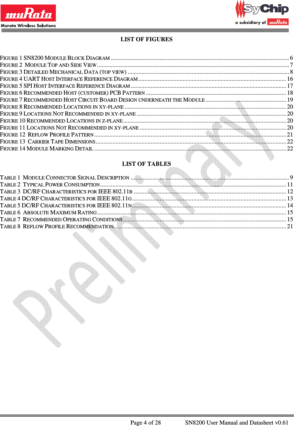              Page 4 of 28                SN8200 User Manual and Datasheet v0.61                                                LIST OF FIGURES  FIGURE 1 SN8200 MODULE BLOCK DIAGRAM ..................................................................................................................... 6 FIGURE 2  MODULE TOP AND SIDE VIEW .............................................................................................................................. 7 FIGURE 3 DETAILED MECHANICAL DATA (TOP VIEW) .......................................................................................................... 8 FIGURE 4 UART HOST INTERFACE REFERENCE DIAGRAM ................................................................................................. 16 FIGURE 5 SPI HOST INTERFACE REFERENCE DIAGRAM ...................................................................................................... 17 FIGURE 6 RECOMMENDED HOST (CUSTOMER) PCB PATTERN ............................................................................................ 18 FIGURE 7 RECOMMENDED HOST CIRCUIT BOARD DESIGN UNDERNEATH THE MODULE ..................................................... 19 FIGURE 8 RECOMMENDED LOCATIONS IN XY-PLANE .......................................................................................................... 20 FIGURE 9 LOCATIONS NOT RECOMMENDED IN XY-PLANE .................................................................................................. 20 FIGURE 10 RECOMMENDED LOCATIONS IN Z-PLANE ........................................................................................................... 20 FIGURE 11 LOCATIONS NOT RECOMMENDED IN XY-PLANE ................................................................................................ 20 FIGURE 12  REFLOW PROFILE PATTERN .............................................................................................................................. 21 FIGURE 13  CARRIER TAPE DIMENSIONS ............................................................................................................................. 22 FIGURE 14 MODULE MARKING DETAIL .............................................................................................................................. 22  LIST OF TABLES  TABLE 1  MODULE CONNECTOR SIGNAL DESCRIPTION ........................................................................................................ 9 TABLE 2  TYPICAL POWER CONSUMPTION .......................................................................................................................... 11 TABLE 3  DC/RF CHARACTERISTICS FOR IEEE 802.11B .................................................................................................... 12 TABLE 4 DC/RF CHARACTERISTICS FOR IEEE 802.11G ..................................................................................................... 13 TABLE 5 DC/RF CHARACTERISTICS FOR IEEE 802.11N ..................................................................................................... 14 TABLE 6  ABSOLUTE MAXIMUM RATING ............................................................................................................................ 15 TABLE 7  RECOMMENDED OPERATING CONDITIONS ........................................................................................................... 15 TABLE 8  REFLOW PROFILE RECOMMENDATION ................................................................................................................. 21  