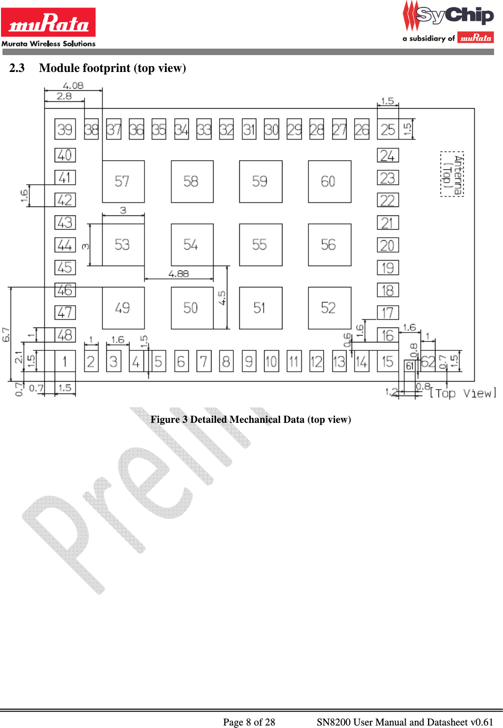              Page 8 of 28                SN8200 User Manual and Datasheet v0.61                                                2.3 Module footprint (top view)  Figure 3 Detailed Mechanical Data (top view) 