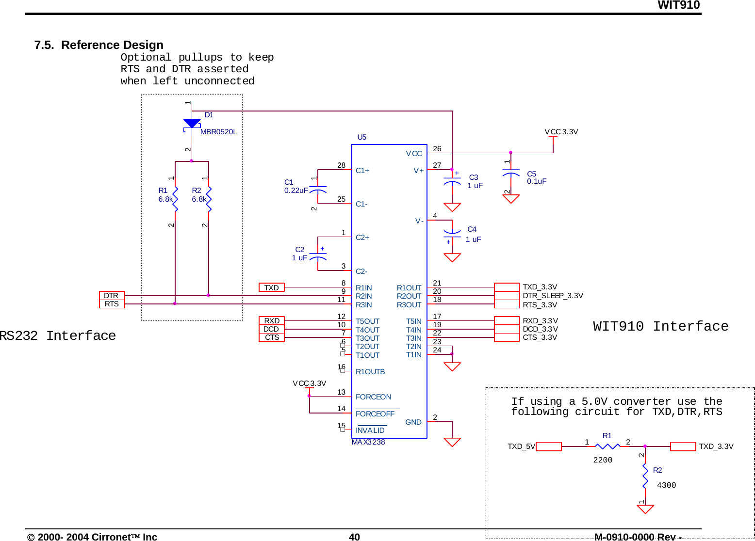 © 2000- 2004 Cirronet™ Inc  40  M-0910-0000 Rev - 7.5.  Reference Design TXDRTS_3.3VIf using a 5.0V converter use thefollowing circuit for TXD,DTR,RTSDTRDCD_3.3 VDCDV CC 3.3VU5MA X3 238282513165671012212018911826274131415 21917232224C1+C1-C2+C2-R1OUTBT1OUTT2OUTT3OUTT4OUTT5OUTR1OUTR2OUTR3OUTR2INR3INR1INVCCV+V-FORCEONFORCEOFFINVA LID GNDT4INT5INT2INT3INT1INDTR_SLEEP_3.3VRS232 InterfaceD1MBR0520L12CTS_3.3V+C31 uFTXD_3.3VRXDC50.1uF12RXD_3.3 VR110k1 2C10.22uF12+C41 uFWIT2410 InterfaceR16.8k12R26.8k12RTSVCC 3.3VOptional pullups to keepRTS and DTR assertedwhen left unconnectedTXD_3.3VTXD_5VCTS+C21 uFR220k1 243002200WIT910 Interface WIT910 