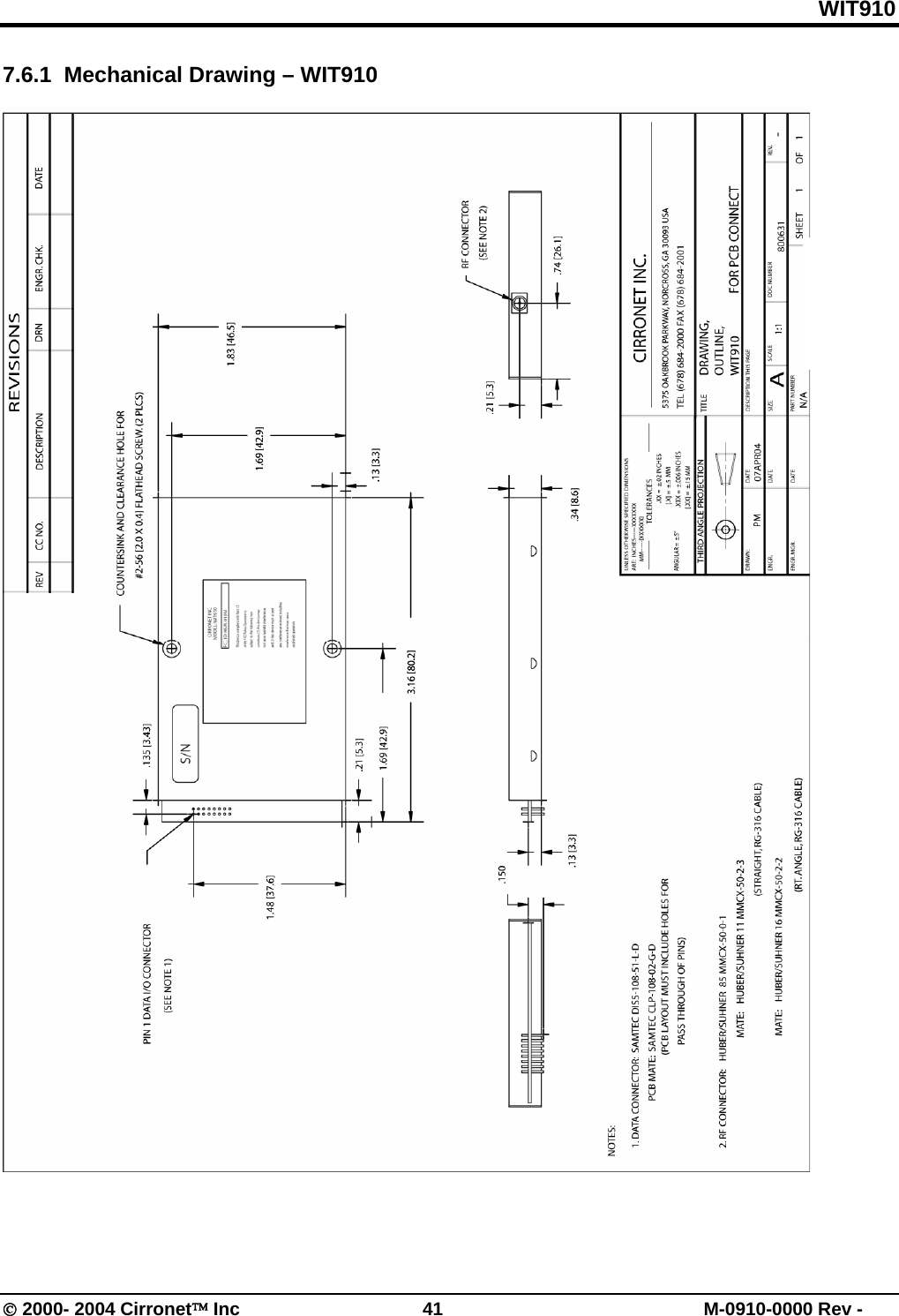 WIT910 7.6.1  Mechanical Drawing – WIT910   © 2000- 2004 Cirronet™ Inc  41  M-0910-0000 Rev - 