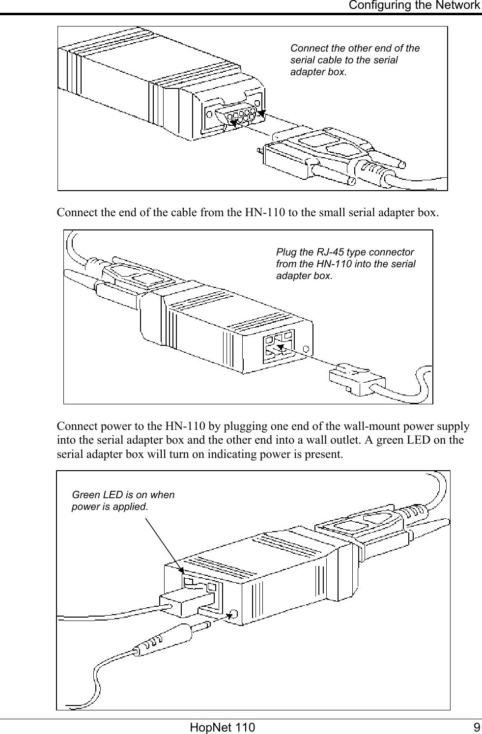     Configuring the Network  Connect the other end of the serial cable to the serial adapter box. Connect the end of the cable from the HN-110 to the small serial adapter box.  Plug the RJ-45 type connector from the HN-110 into the serial adapter box.  Connect power to the HN-110 by plugging one end of the wall-mount power supply into the serial adapter box and the other end into a wall outlet. A green LED on the serial adapter box will turn on indicating power is present. Green LED is on when power is applied.  HopNet 110  9 