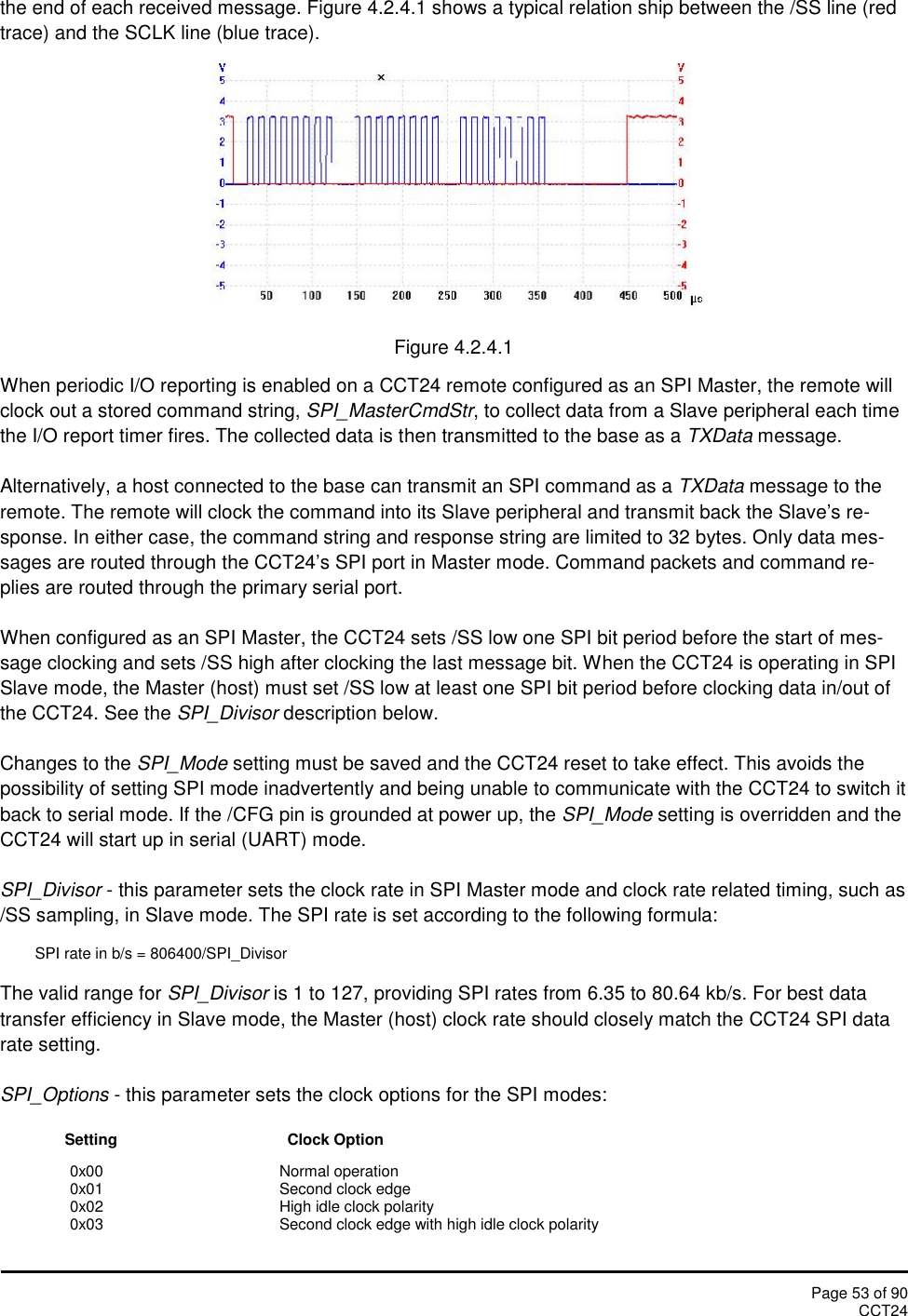 Page 53 of 90CCT24the end of each received message. Figure 4.2.4.1 shows a typical relation ship between the /SS line (redtrace) and the SCLK line (blue trace).Figure 4.2.4.1When periodic I/O reporting is enabled on a CCT24 remote configured as an SPI Master, the remote willclock out a stored command string, SPI_MasterCmdStr, to collect data from a Slave peripheral each timethe I/O report timer fires. The collected data is then transmitted to the base as a TXData message.Alternatively, a host connected to the base can transmit an SPI command as a TXData message to theremote. The remote will clock the command into its Slave peripheral and transmit back the Slave’s re-sponse. In either case, the command string and response string are limited to 32 bytes. Only data mes-sages are routed through the CCT24’s SPI port in Master mode. Command packets and command re-plies are routed through the primary serial port.When configured as an SPI Master, the CCT24 sets /SS low one SPI bit period before the start of mes-sage clocking and sets /SS high after clocking the last message bit. When the CCT24 is operating in SPISlave mode, the Master (host) must set /SS low at least one SPI bit period before clocking data in/out ofthe CCT24. See the SPI_Divisor description below.Changes to the SPI_Mode setting must be saved and the CCT24 reset to take effect. This avoids thepossibility of setting SPI mode inadvertently and being unable to communicate with the CCT24 to switch itback to serial mode. If the /CFG pin is grounded at power up, the SPI_Mode setting is overridden and theCCT24 will start up in serial (UART) mode.SPI_Divisor - this parameter sets the clock rate in SPI Master mode and clock rate related timing, such as/SS sampling, in Slave mode. The SPI rate is set according to the following formula:SPI rate in b/s = 806400/SPI_DivisorThe valid range for SPI_Divisor is 1 to 127, providing SPI rates from 6.35 to 80.64 kb/s. For best datatransfer efficiency in Slave mode, the Master (host) clock rate should closely match the CCT24 SPI datarate setting.SPI_Options - this parameter sets the clock options for the SPI modes:Setting Clock Option0x00 Normal operation0x01 Second clock edge0x02 High idle clock polarity0x03 Second clock edge with high idle clock polarity