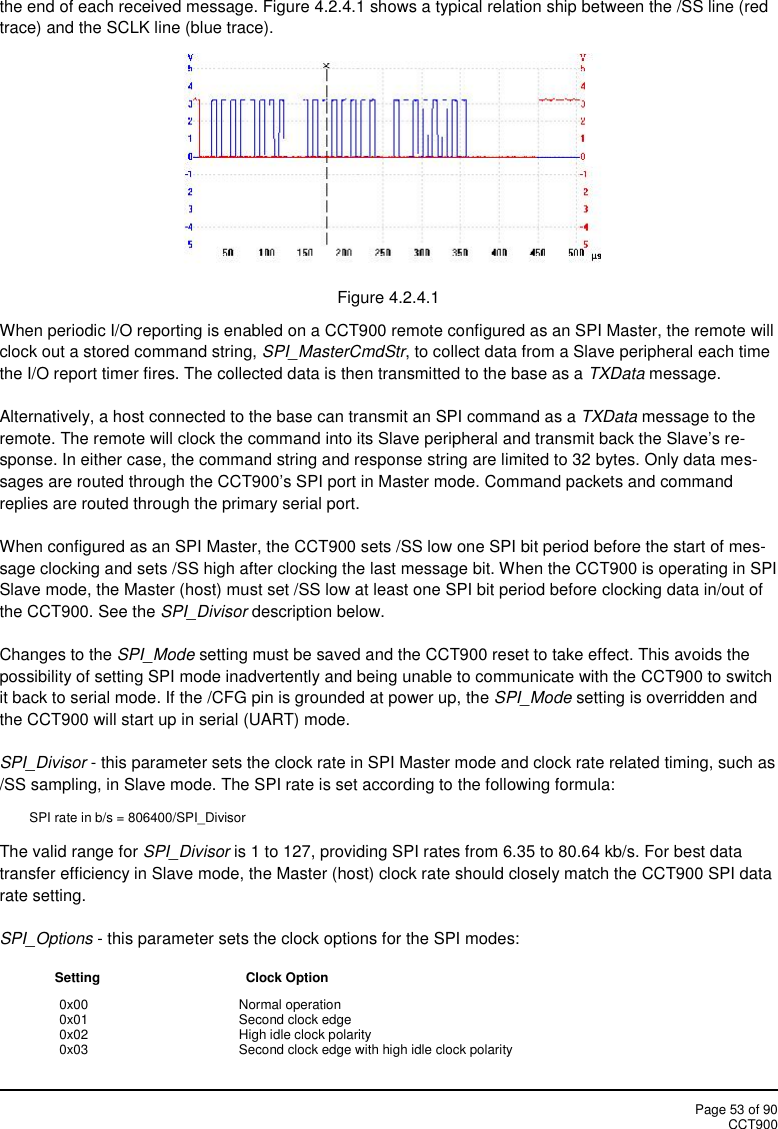 Page 53 of 90CCT900the end of each received message. Figure 4.2.4.1 shows a typical relation ship between the /SS line (redtrace) and the SCLK line (blue trace).Figure 4.2.4.1When periodic I/O reporting is enabled on a CCT900 remote configured as an SPI Master, the remote willclock out a stored command string, SPI_MasterCmdStr, to collect data from a Slave peripheral each timethe I/O report timer fires. The collected data is then transmitted to the base as a TXData message.Alternatively, a host connected to the base can transmit an SPI command as a TXData message to theremote. The remote will clock the command into its Slave peripheral and transmit back the Slave’s re-sponse. In either case, the command string and response string are limited to 32 bytes. Only data mes-sages are routed through the CCT900’s SPI port in Master mode. Command packets and commandreplies are routed through the primary serial port.When configured as an SPI Master, the CCT900 sets /SS low one SPI bit period before the start of mes-sage clocking and sets /SS high after clocking the last message bit. When the CCT900 is operating in SPISlave mode, the Master (host) must set /SS low at least one SPI bit period before clocking data in/out ofthe CCT900. See the SPI_Divisor description below.Changes to the SPI_Mode setting must be saved and the CCT900 reset to take effect. This avoids thepossibility of setting SPI mode inadvertently and being unable to communicate with the CCT900 to switchit back to serial mode. If the /CFG pin is grounded at power up, the SPI_Mode setting is overridden andthe CCT900 will start up in serial (UART) mode.SPI_Divisor - this parameter sets the clock rate in SPI Master mode and clock rate related timing, such as/SS sampling, in Slave mode. The SPI rate is set according to the following formula:SPI rate in b/s = 806400/SPI_DivisorThe valid range for SPI_Divisor is 1 to 127, providing SPI rates from 6.35 to 80.64 kb/s. For best datatransfer efficiency in Slave mode, the Master (host) clock rate should closely match the CCT900 SPI datarate setting.SPI_Options - this parameter sets the clock options for the SPI modes:Setting Clock Option0x00 Normal operation0x01 Second clock edge0x02 High idle clock polarity0x03 Second clock edge with high idle clock polarity