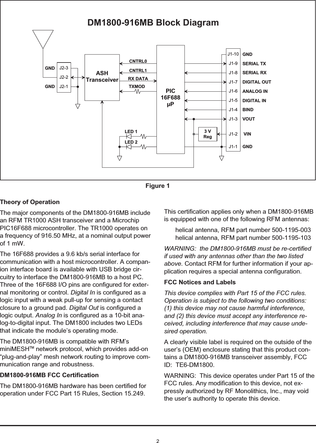 2Theory of OperationThe major components of the DM1800-916MB includean RFM TR1000 ASH transceiver and a MicrochipPIC16F688 microcontroller. The TR1000 operates ona frequency of 916.50 MHz, at a nominal output powerof 1 mW.The 16F688 provides a 9.6 kb/s serial interface forcommunication with a host microcontroller. A compan-ion interface board is available with USB bridge cir-cuitry to interface the DM1800-916MB to a host PC.Three of the 16F688 I/O pins are configured for exter-nal monitoring or control. Digital In is configured as alogic input with a weak pull-up for sensing a contactclosure to a ground pad. Digital Out is configured alogic output. Analog In is configured as a 10-bit ana-log-to-digital input. The DM1800 includes two LEDsthat indicate the module’s operating mode.The DM1800-916MB is compatible with RFM’sminiMESHTM network protocol, which provides add-on“plug-and-play” mesh network routing to improve com-munication range and robustness.DM1800-916MB FCC CertificationThe DM1800-916MB hardware has been certified foroperation under FCC Part 15 Rules, Section 15.249.This certification applies only when a DM1800-916MBis equipped with one of the following RFM antennas:helical antenna, RFM part number 500-1195-003helical antenna, RFM part number 500-1195-103WARNING: the DM1800-916MB must be re-certifiedif used with any antennas other than the two listedabove. Contact RFM for further information if your ap-plication requires a special antenna configuration.FCC Notices and LabelsThis device complies with Part 15 of the FCC rules.Operation is subject to the following two conditions:(1) this device may not cause harmful interference,and (2) this device must accept any interference re-ceived, including interference that may cause unde-sired operation.A clearly visible label is required on the outside of theuser’s (OEM) enclosure stating that this product con-tains a DM1800-916MB transceiver assembly, FCCID: TE6-DM1800.WARNING: This device operates under Part 15 of theFCC rules. Any modification to this device, not ex-pressly authorized by RF Monolithics, Inc., may voidthe user’s authority to operate this device.T X M O DR X   D A T AC N T R L 1C N T R L 0P I C1 6 F 6 8 8µ PD M 1 8 0 0 - 9 1 6 M B   B l o c k   D i a g r a mL E D   1L E D   2A S HT r a n s c e i v e rG N DS E R I A L   T XS E R I A L   R XD I G I T A L   O U TA N A L O G   I ND I G I T A L   I NB I N DG N DV O U TV I N3   VR e gG N DG N DJ 1 - 1J 1 - 2J 1 - 3J 1 - 4J 1 - 5J 1 - 6J 1 - 7J 1 - 8J 1 - 9J 1 - 1 0J 2 - 2J 2 - 1J 2 - 3Figure 1