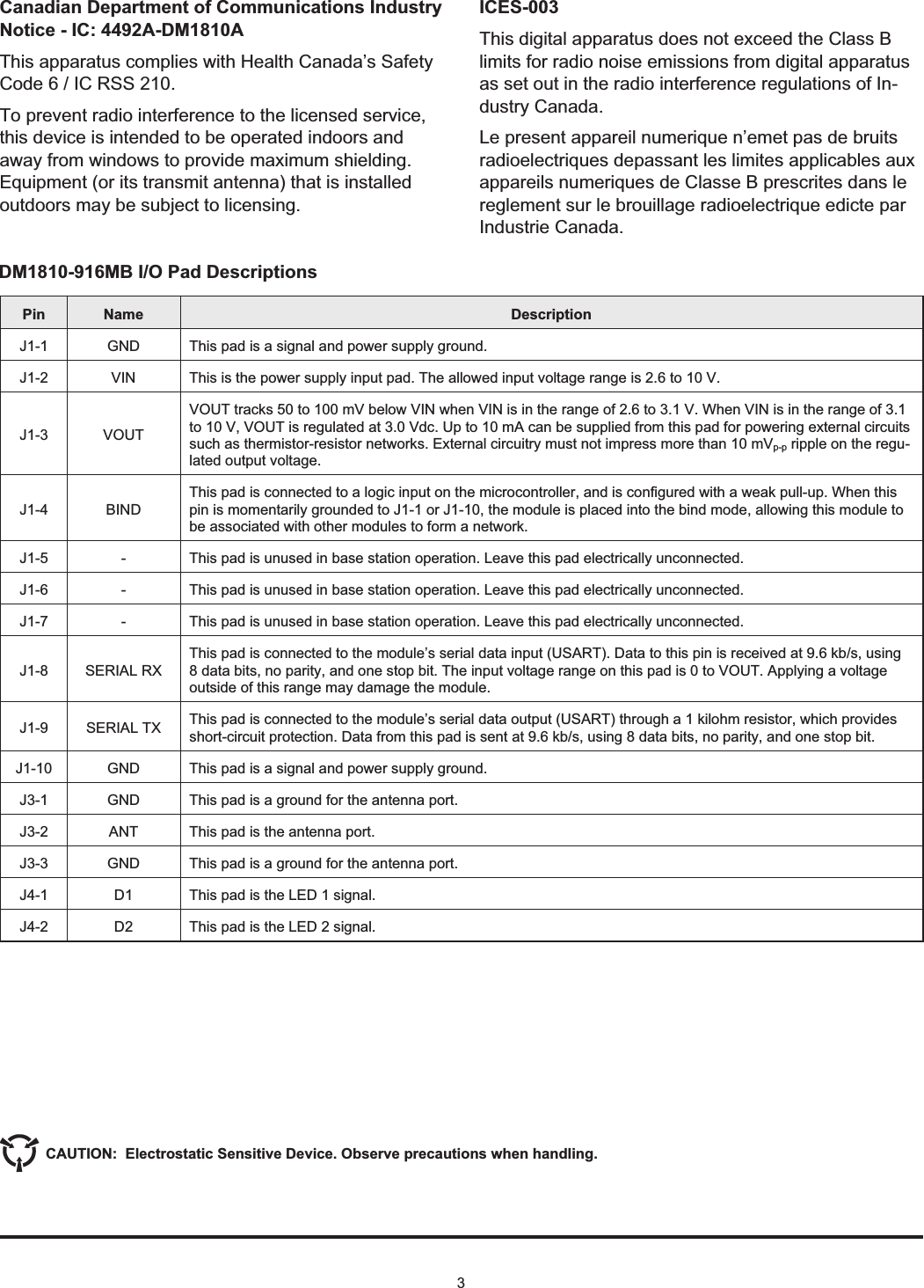 Canadian Department of Communications IndustryNotice - IC: 4492A-DM1810AThis apparatus complies with Health Canada’s SafetyCode6/ICRSS210.To prevent radio interference to the licensed service,this device is intended to be operated indoors andaway from windows to provide maximum shielding.Equipment (or its transmit antenna) that is installedoutdoors may be subject to licensing.ICES-003This digital apparatus does not exceed the Class Blimits for radio noise emissions from digital apparatusas set out in the radio interference regulations of In-dustry Canada.Le present appareil numerique n’emet pas de bruitsradioelectriques depassant les limites applicables auxappareils numeriques de Classe B prescrites dans lereglement sur le brouillage radioelectrique edicte parIndustrie Canada.3Pin Name DescriptionJ1-1 GND This pad is a signal and power supply ground.J1-2 VIN This is the power supply input pad. The allowed input voltage range is 2.6 to 10 V.J1-3 VOUTVOUT tracks 50 to 100 mV below VIN when VIN is in the range of 2.6 to 3.1 V. When VIN is in the range of 3.1to 10 V, VOUT is regulated at 3.0 Vdc. Up to 10 mA can be supplied from this pad for powering external circuitssuch as thermistor-resistor networks. External circuitry must not impress more than 10 mVp-p ripple on the regu-lated output voltage.J1-4 BINDThis pad is connected to a logic input on the microcontroller, and is configured with a weak pull-up. When thispin is momentarily grounded to J1-1 or J1-10, the module is placed into the bind mode, allowing this module tobe associated with other modules to form a network.J1-5 - This pad is unused in base station operation. Leave this pad electrically unconnected.J1-6 - This pad is unused in base station operation. Leave this pad electrically unconnected.J1-7 - This pad is unused in base station operation. Leave this pad electrically unconnected.J1-8 SERIAL RXThis pad is connected to the module’s serial data input (USART). Data to this pin is received at 9.6 kb/s, using8 data bits, no parity, and one stop bit. The input voltage range on this pad is 0 to VOUT. Applying a voltageoutside of this range may damage the module.J1-9 SERIAL TX This pad is connected to the module’s serial data output (USART) through a 1 kilohm resistor, which providesshort-circuit protection. Data from this pad is sent at 9.6 kb/s, using 8 data bits, no parity, and one stop bit.J1-10 GND This pad is a signal and power supply ground.J3-1 GND This pad is a ground for the antenna port.J3-2 ANT This pad is the antenna port.J3-3 GND This pad is a ground for the antenna port.J4-1 D1 This pad is the LED 1 signal.J4-2 D2 This pad is the LED 2 signal.CAUTION: Electrostatic Sensitive Device. Observe precautions when handling.DM1810-916MB I/O Pad Descriptions