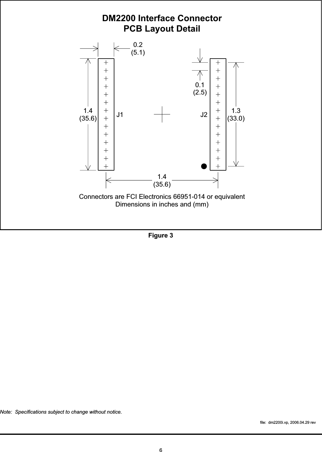 6Note: Specifications subject to change without notice.file: dm2200i.vp, 2006.04.29 rev1.4(3 5 .6 )1.3(3 3 .0 )1.4(3 5 .6 )0.2(5 .1 )D M 2200 Interface C onnectorPC B  Layout D etail0.1(2 .5 )C onnectors are FC I E lectronics 66951-014 or equivalentD im ensions in inches and (m m )J1 J2Figure 3