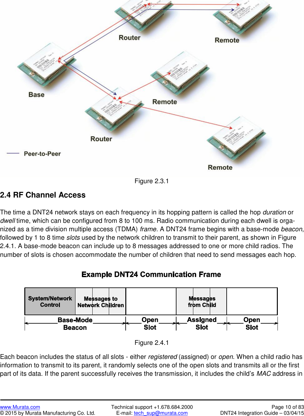 www.Murata.com Technical support +1.678.684.2000 Page 10 of 83© 2015 by Murata Manufacturing Co. Ltd. E-mail: tech_sup@murata.com DNT24 Integration Guide – 03/04/15Figure 2.3.12.4 RF Channel AccessThe time a DNT24 network stays on each frequency in its hopping pattern is called the hop duration ordwell time, which can be configured from 8 to 100 ms. Radio communication during each dwell is orga-nized as a time division multiple access (TDMA) frame. A DNT24 frame begins with a base-mode beacon,followed by 1 to 8 time slots used by the network children to transmit to their parent, as shown in Figure2.4.1. A base-mode beacon can include up to 8 messages addressed to one or more child radios. Thenumber of slots is chosen accommodate the number of children that need to send messages each hop.Figure 2.4.1Each beacon includes the status of all slots - either registered (assigned) or open. When a child radio hasinformation to transmit to its parent, it randomly selects one of the open slots and transmits all or the firstpart of its data. If the parent successfully receives the transmission, it includes the child’s MAC address in