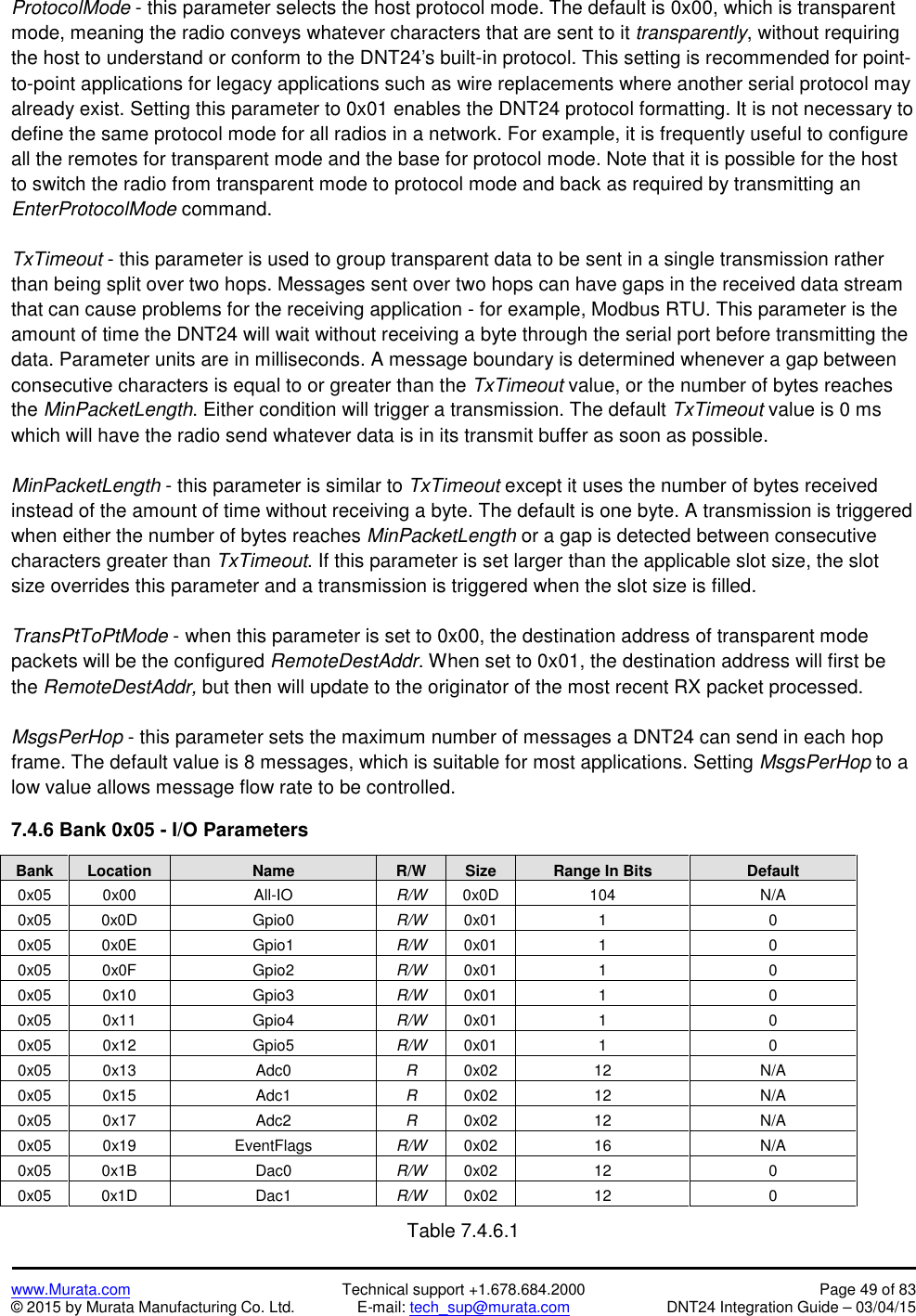 www.Murata.com Technical support +1.678.684.2000 Page 49 of 83© 2015 by Murata Manufacturing Co. Ltd. E-mail: tech_sup@murata.com DNT24 Integration Guide – 03/04/15ProtocolMode - this parameter selects the host protocol mode. The default is 0x00, which is transparentmode, meaning the radio conveys whatever characters that are sent to it transparently, without requiringthe host to understand or conform to the DNT24&apos;s built-in protocol. This setting is recommended for point-to-point applications for legacy applications such as wire replacements where another serial protocol mayalready exist. Setting this parameter to 0x01 enables the DNT24 protocol formatting. It is not necessary todefine the same protocol mode for all radios in a network. For example, it is frequently useful to configureall the remotes for transparent mode and the base for protocol mode. Note that it is possible for the hostto switch the radio from transparent mode to protocol mode and back as required by transmitting anEnterProtocolMode command.TxTimeout - this parameter is used to group transparent data to be sent in a single transmission ratherthan being split over two hops. Messages sent over two hops can have gaps in the received data streamthat can cause problems for the receiving application - for example, Modbus RTU. This parameter is theamount of time the DNT24 will wait without receiving a byte through the serial port before transmitting thedata. Parameter units are in milliseconds. A message boundary is determined whenever a gap betweenconsecutive characters is equal to or greater than the TxTimeout value, or the number of bytes reachesthe MinPacketLength. Either condition will trigger a transmission. The default TxTimeout value is 0 mswhich will have the radio send whatever data is in its transmit buffer as soon as possible.MinPacketLength - this parameter is similar to TxTimeout except it uses the number of bytes receivedinstead of the amount of time without receiving a byte. The default is one byte. A transmission is triggeredwhen either the number of bytes reaches MinPacketLength or a gap is detected between consecutivecharacters greater than TxTimeout. If this parameter is set larger than the applicable slot size, the slotsize overrides this parameter and a transmission is triggered when the slot size is filled.TransPtToPtMode - when this parameter is set to 0x00, the destination address of transparent modepackets will be the configured RemoteDestAddr. When set to 0x01, the destination address will first bethe RemoteDestAddr, but then will update to the originator of the most recent RX packet processed.MsgsPerHop - this parameter sets the maximum number of messages a DNT24 can send in each hopframe. The default value is 8 messages, which is suitable for most applications. Setting MsgsPerHop to alow value allows message flow rate to be controlled.7.4.6 Bank 0x05 - I/O ParametersBankLocationNameR/WSizeRange In BitsDefault0x050x00All-IOR/W0x0D104N/A0x050x0DGpio0R/W0x01100x050x0EGpio1R/W0x01100x050x0FGpio2R/W0x01100x050x10Gpio3R/W0x01100x050x11Gpio4R/W0x01100x050x12Gpio5R/W0x01100x050x13Adc0R0x0212N/A0x050x15Adc1R0x0212N/A0x050x17Adc2R0x0212N/A0x050x19EventFlagsR/W0x0216N/A0x050x1BDac0R/W0x021200x050x1DDac1R/W0x02120Table 7.4.6.1