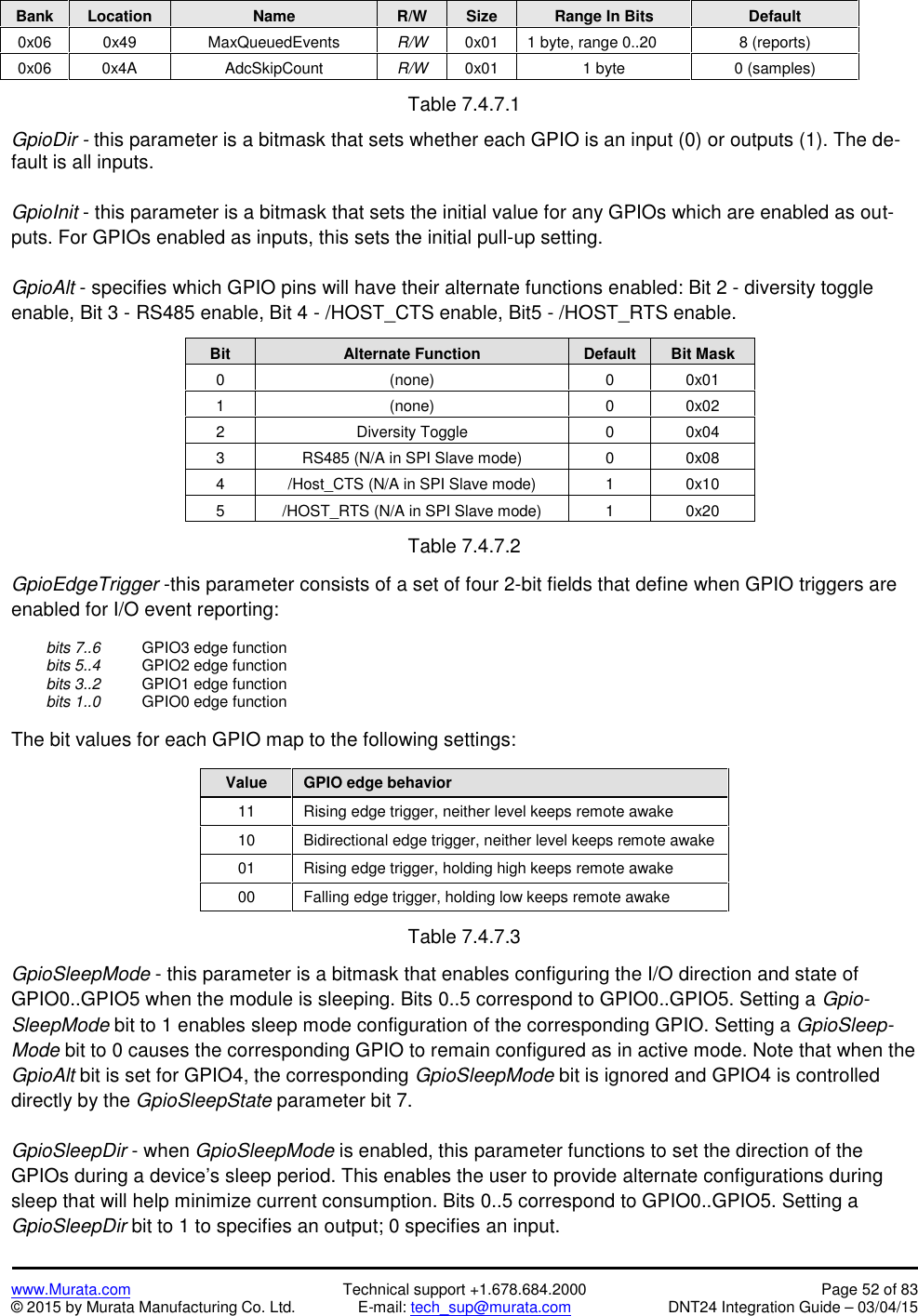 www.Murata.com Technical support +1.678.684.2000 Page 52 of 83© 2015 by Murata Manufacturing Co. Ltd. E-mail: tech_sup@murata.com DNT24 Integration Guide – 03/04/15BankLocationNameR/WSizeRange In BitsDefault0x060x49MaxQueuedEventsR/W0x011 byte, range 0..208 (reports)0x060x4AAdcSkipCountR/W0x011 byte0 (samples)Table 7.4.7.1GpioDir - this parameter is a bitmask that sets whether each GPIO is an input (0) or outputs (1). The de-fault is all inputs.GpioInit - this parameter is a bitmask that sets the initial value for any GPIOs which are enabled as out-puts. For GPIOs enabled as inputs, this sets the initial pull-up setting.GpioAlt - specifies which GPIO pins will have their alternate functions enabled: Bit 2 - diversity toggleenable, Bit 3 - RS485 enable, Bit 4 - /HOST_CTS enable, Bit5 - /HOST_RTS enable.BitAlternate FunctionDefaultBit Mask0(none)00x011(none)00x022Diversity Toggle00x043RS485 (N/A in SPI Slave mode)00x084/Host_CTS (N/A in SPI Slave mode)10x105/HOST_RTS (N/A in SPI Slave mode)10x20Table 7.4.7.2GpioEdgeTrigger -this parameter consists of a set of four 2-bit fields that define when GPIO triggers areenabled for I/O event reporting:bits 7..6 GPIO3 edge functionbits 5..4 GPIO2 edge functionbits 3..2 GPIO1 edge functionbits 1..0 GPIO0 edge functionThe bit values for each GPIO map to the following settings:ValueGPIO edge behavior11Rising edge trigger, neither level keeps remote awake10Bidirectional edge trigger, neither level keeps remote awake01Rising edge trigger, holding high keeps remote awake00Falling edge trigger, holding low keeps remote awakeTable 7.4.7.3GpioSleepMode - this parameter is a bitmask that enables configuring the I/O direction and state ofGPIO0..GPIO5 when the module is sleeping. Bits 0..5 correspond to GPIO0..GPIO5. Setting a Gpio-SleepMode bit to 1 enables sleep mode configuration of the corresponding GPIO. Setting a GpioSleep-Mode bit to 0 causes the corresponding GPIO to remain configured as in active mode. Note that when theGpioAlt bit is set for GPIO4, the corresponding GpioSleepMode bit is ignored and GPIO4 is controlleddirectly by the GpioSleepState parameter bit 7.GpioSleepDir - when GpioSleepMode is enabled, this parameter functions to set the direction of theGPIOs during a device’s sleep period. This enables the user to provide alternate configurations duringsleep that will help minimize current consumption. Bits 0..5 correspond to GPIO0..GPIO5. Setting aGpioSleepDir bit to 1 to specifies an output; 0 specifies an input.