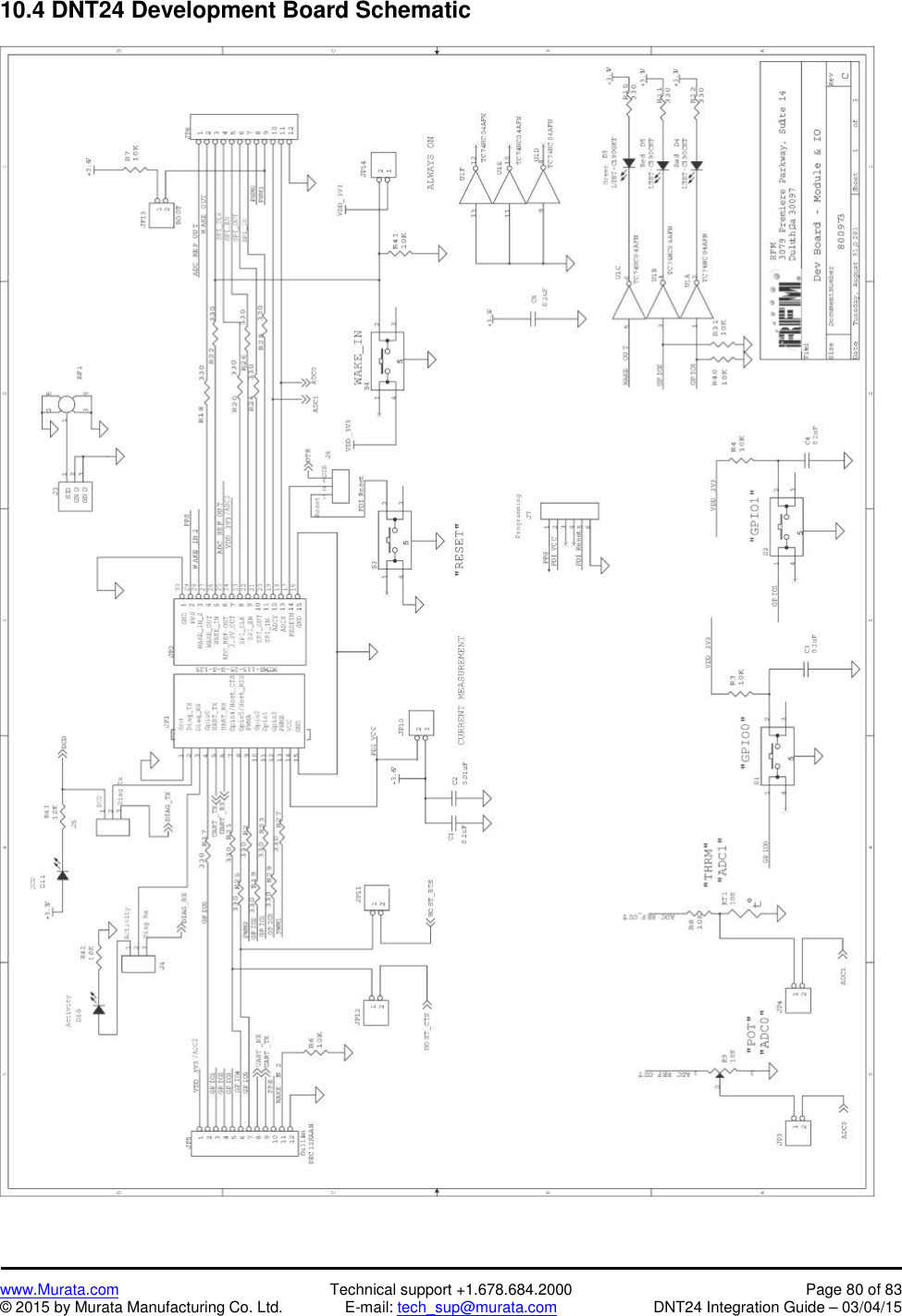 www.Murata.com Technical support +1.678.684.2000 Page 80 of 83© 2015 by Murata Manufacturing Co. Ltd. E-mail: tech_sup@murata.com DNT24 Integration Guide – 03/04/1510.4 DNT24 Development Board Schematic