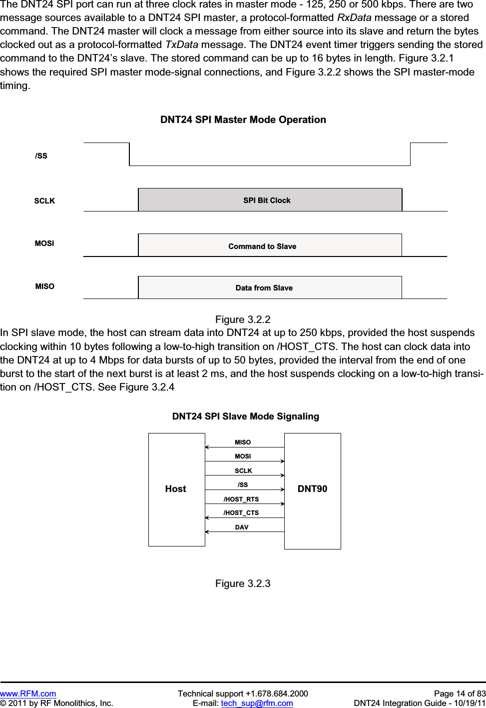 www.RFM.com  Technical support +1.678.684.2000  Page 14 of 83 © 2011 by RF Monolithics, Inc.  E-mail: tech_sup@rfm.com  DNT24 Integration Guide - 10/19/11 The DNT24 SPI port can run at three clock rates in master mode - 125, 250 or 500 kbps. There are two message sources available to a DNT24 SPI master, a protocol-formatted RxData message or a stored command. The DNT24 master will clock a message from either source into its slave and return the bytes clocked out as a protocol-formatted TxData message. The DNT24 event timer triggers sending the stored command to the DNT24’s slave. The stored command can be up to 16 bytes in length. Figure 3.2.1 shows the required SPI master mode-signal connections, and Figure 3.2.2 shows the SPI master-mode timing. / S SS C L KM O S IM I S OS P I   B i t   C l o c kC o m m a n d   t o   S l a v eD a t a   f r o m   S l a v eD N T 2 4   S P I   M a s t e r   M o d e   O p e r a t i o nFigure 3.2.2 In SPI slave mode, the host can stream data into DNT24 at up to 250 kbps, provided the host suspends clocking within 10 bytes following a low-to-high transition on /HOST_CTS. The host can clock data into the DNT24 at up to 4 Mbps for data bursts of up to 50 bytes, provided the interval from the end of one burst to the start of the next burst is at least 2 ms, and the host suspends clocking on a low-to-high transi-tion on /HOST_CTS. See Figure 3.2.4 D N T 9 0H o s tD N T 2 4   S P I   S l a v e   M o d e   S i g n a l i n g/ S SS C L KM O S IM I S O/ H O S T _ C T SDAV/ H O S T _ R T SFigure 3.2.3 