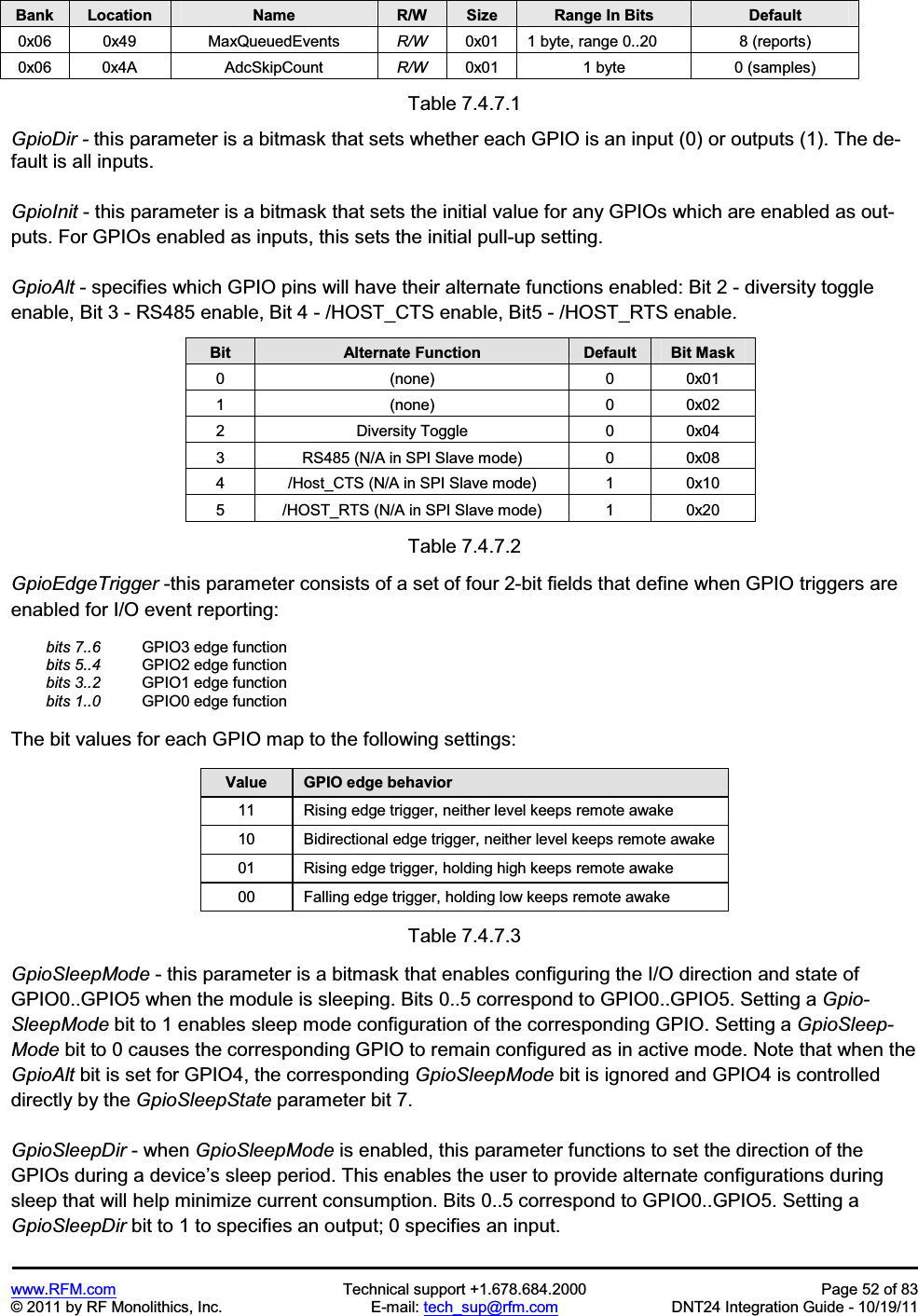 www.RFM.com Technical support +1.678.684.2000 Page 52 of 83 © 2011 by RF Monolithics, Inc. E-mail: tech_sup@rfm.com DNT24 Integration Guide - 10/19/11 Bank Location Name R/W Size Range In Bits Default0x06 0x49 MaxQueuedEvents R/W 0x01 1 byte, range 0..20 8 (reports) 0x06 0x4A AdcSkipCount R/W 0x01 1 byte 0 (samples) Table 7.4.7.1 GpioDir - this parameter is a bitmask that sets whether each GPIO is an input (0) or outputs (1). The de-fault is all inputs. GpioInit - this parameter is a bitmask that sets the initial value for any GPIOs which are enabled as out-puts. For GPIOs enabled as inputs, this sets the initial pull-up setting. GpioAlt - specifies which GPIO pins will have their alternate functions enabled: Bit 2 - diversity toggle enable, Bit 3 - RS485 enable, Bit 4 - /HOST_CTS enable, Bit5 - /HOST_RTS enable. Bit Alternate Function Default Bit Mask 0 (none) 0 0x01 1 (none) 0 0x02 2 Diversity Toggle 0 0x04 3 RS485 (N/A in SPI Slave mode) 0 0x08 4 /Host_CTS (N/A in SPI Slave mode) 1 0x10 5 /HOST_RTS (N/A in SPI Slave mode) 1 0x20 Table 7.4.7.2 GpioEdgeTrigger -this parameter consists of a set of four 2-bit fields that define when GPIO triggers are enabled for I/O event reporting: bits 7..6 GPIO3 edge function bits 5..4 GPIO2 edge function bits 3..2 GPIO1 edge function bits 1..0 GPIO0 edge function The bit values for each GPIO map to the following settings: Value GPIO edge behavior 11 Rising edge trigger, neither level keeps remote awake 10 Bidirectional edge trigger, neither level keeps remote awake 01 Rising edge trigger, holding high keeps remote awake 00 Falling edge trigger, holding low keeps remote awake Table 7.4.7.3 GpioSleepMode - this parameter is a bitmask that enables configuring the I/O direction and state of GPIO0..GPIO5 when the module is sleeping. Bits 0..5 correspond to GPIO0..GPIO5. Setting a Gpio-SleepMode bit to 1 enables sleep mode configuration of the corresponding GPIO. Setting a GpioSleep-Mode bit to 0 causes the corresponding GPIO to remain configured as in active mode. Note that when the GpioAlt bit is set for GPIO4, the corresponding GpioSleepMode bit is ignored and GPIO4 is controlled directly by the GpioSleepState parameter bit 7. GpioSleepDir - when GpioSleepMode is enabled, this parameter functions to set the direction of the GPIOs during a device’s sleep period. This enables the user to provide alternate configurations during sleep that will help minimize current consumption. Bits 0..5 correspond to GPIO0..GPIO5. Setting a GpioSleepDir bit to 1 to specifies an output; 0 specifies an input.
