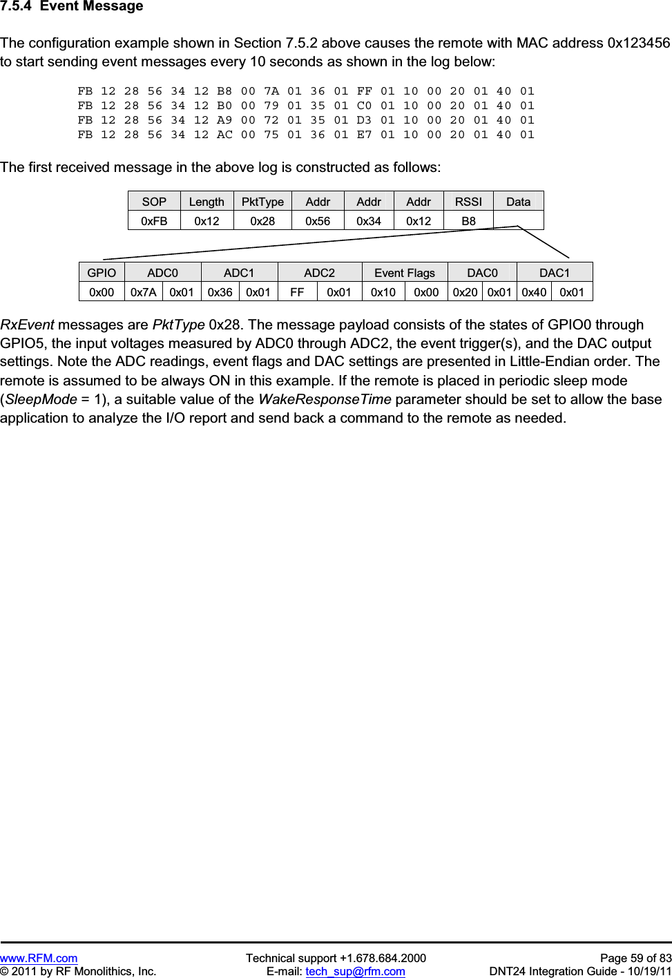 www.RFM.com Technical support +1.678.684.2000 Page 59 of 83 © 2011 by RF Monolithics, Inc. E-mail: tech_sup@rfm.com DNT24 Integration Guide - 10/19/11 7.5.4 Event Message The configuration example shown in Section 7.5.2 above causes the remote with MAC address 0x123456 to start sending event messages every 10 seconds as shown in the log below: FB 12 28 56 34 12 B8 00 7A 01 36 01 FF 01 10 00 20 01 40 01 FB 12 28 56 34 12 B0 00 79 01 35 01 C0 01 10 00 20 01 40 01 FB 12 28 56 34 12 A9 00 72 01 35 01 D3 01 10 00 20 01 40 01 FB 12 28 56 34 12 AC 00 75 01 36 01 E7 01 10 00 20 01 40 01 The first received message in the above log is constructed as follows: SOP Length PktType Addr Addr Addr RSSI Data 0xFB 0x12 0x28 0x56 0x34 0x12 B8 GPIO ADC0 ADC1 ADC2 Event Flags DAC0 DAC1 0x00 0x7A 0x01 0x36 0x01 FF 0x01 0x10 0x00 0x20 0x01 0x40 0x01 RxEvent messages are PktType 0x28. The message payload consists of the states of GPIO0 through GPIO5, the input voltages measured by ADC0 through ADC2, the event trigger(s), and the DAC output settings. Note the ADC readings, event flags and DAC settings are presented in Little-Endian order. The remote is assumed to be always ON in this example. If the remote is placed in periodic sleep mode (SleepMode = 1), a suitable value of the WakeResponseTime parameter should be set to allow the base application to analyze the I/O report and send back a command to the remote as needed.