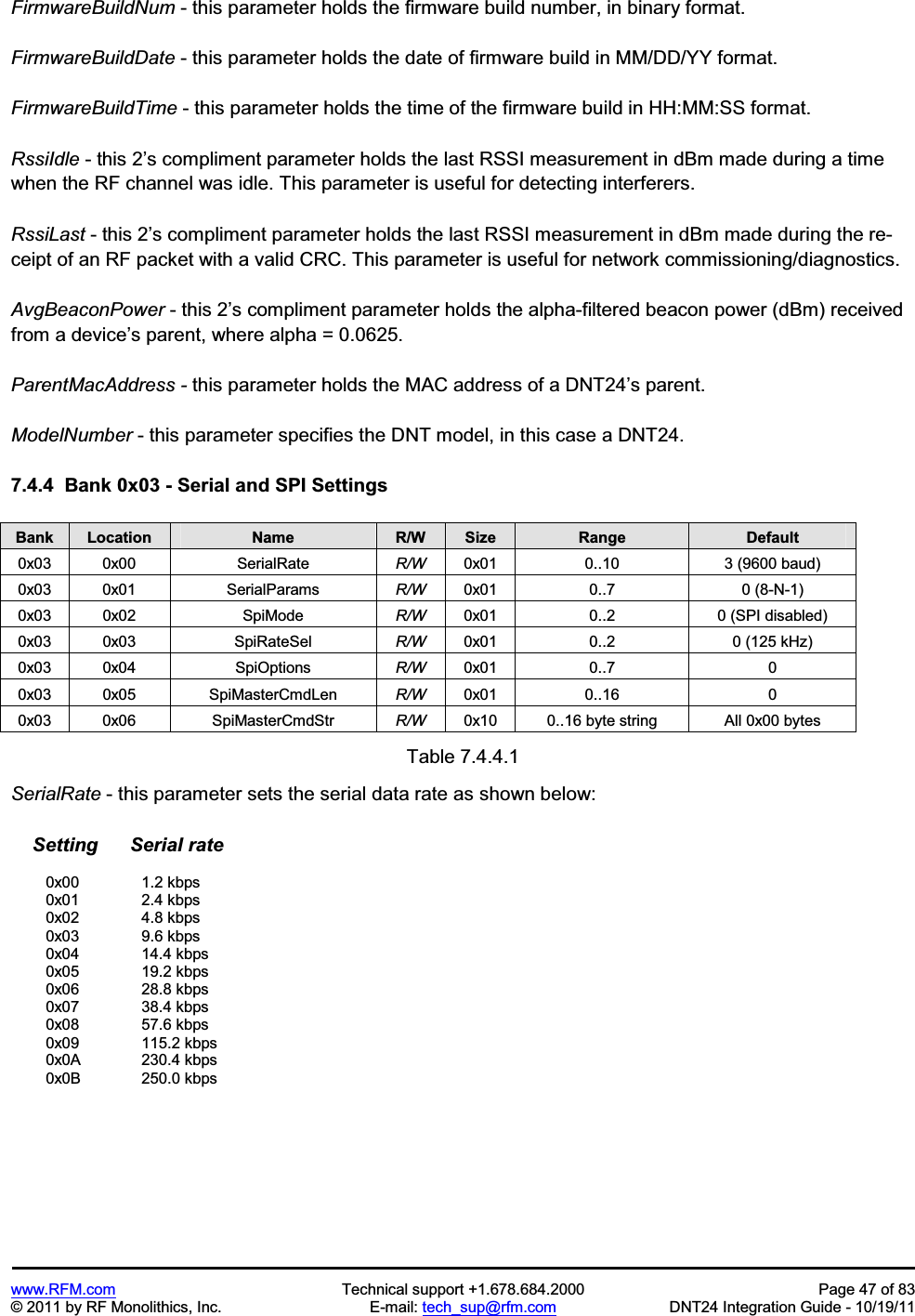 www.RFM.com Technical support +1.678.684.2000 Page 47 of 83 © 2011 by RF Monolithics, Inc. E-mail: tech_sup@rfm.com DNT24 Integration Guide - 10/19/11 FirmwareBuildNum - this parameter holds the firmware build number, in binary format. FirmwareBuildDate - this parameter holds the date of firmware build in MM/DD/YY format. FirmwareBuildTime - this parameter holds the time of the firmware build in HH:MM:SS format. RssiIdle - this 2’s compliment parameter holds the last RSSI measurement in dBm made during a time when the RF channel was idle. This parameter is useful for detecting interferers. RssiLast - this 2’s compliment parameter holds the last RSSI measurement in dBm made during the re-ceipt of an RF packet with a valid CRC. This parameter is useful for network commissioning/diagnostics. AvgBeaconPower - this 2’s compliment parameter holds the alpha-filtered beacon power (dBm) received from a device’s parent, where alpha = 0.0625. ParentMacAddress - this parameter holds the MAC address of a DNT24’s parent. ModelNumber - this parameter specifies the DNT model, in this case a DNT24. 7.4.4 Bank 0x03 - Serial and SPI SettingsBank Location Name R/W Size Range Default0x03 0x00 SerialRate R/W 0x01 0..10 3 (9600 baud) 0x03 0x01 SerialParams R/W 0x01 0..7 0 (8-N-1) 0x03 0x02 SpiMode R/W 0x01 0..2 0 (SPI disabled) 0x03 0x03 SpiRateSel R/W 0x01 0..2 0 (125 kHz) 0x03 0x04 SpiOptions R/W 0x01 0..7 0 0x03 0x05 SpiMasterCmdLen R/W 0x01 0..16 0 0x03 0x06 SpiMasterCmdStr R/W 0x10 0..16 byte string All 0x00 bytes Table 7.4.4.1 SerialRate - this parameter sets the serial data rate as shown below: Setting Serial rate 0x00 1.2 kbps 0x01 2.4 kbps 0x02 4.8 kbps 0x03 9.6 kbps 0x04 14.4 kbps 0x05 19.2 kbps 0x06 28.8 kbps 0x07 38.4 kbps 0x08 57.6 kbps 0x09 115.2 kbps 0x0A 230.4 kbps 0x0B 250.0 kbps
