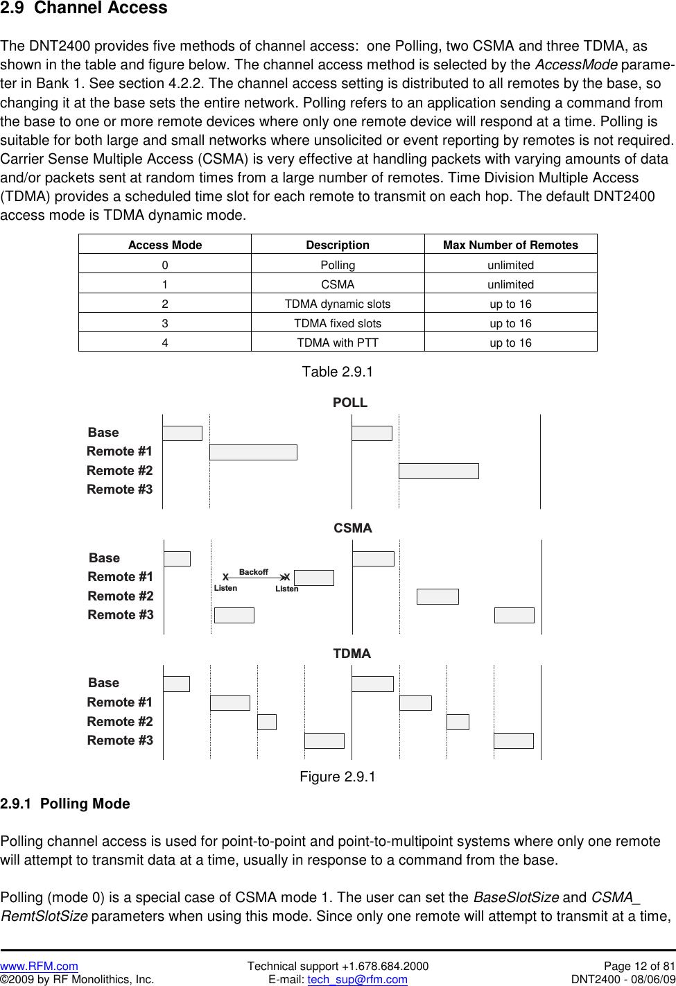   www.RFM.com  Technical support +1.678.684.2000  Page 12 of 81 ©2009 by RF Monolithics, Inc.  E-mail: tech_sup@rfm.com  DNT2400 - 08/06/09 2.9  Channel Access   The DNT2400 provides five methods of channel access:  one Polling, two CSMA and three TDMA, as shown in the table and figure below. The channel access method is selected by the AccessMode parame-ter in Bank 1. See section 4.2.2. The channel access setting is distributed to all remotes by the base, so changing it at the base sets the entire network. Polling refers to an application sending a command from the base to one or more remote devices where only one remote device will respond at a time. Polling is suitable for both large and small networks where unsolicited or event reporting by remotes is not required. Carrier Sense Multiple Access (CSMA) is very effective at handling packets with varying amounts of data and/or packets sent at random times from a large number of remotes. Time Division Multiple Access (TDMA) provides a scheduled time slot for each remote to transmit on each hop. The default DNT2400 access mode is TDMA dynamic mode.  Access Mode Description Max Number of Remotes 0 Polling unlimited 1 CSMA unlimited 2  TDMA dynamic slots  up to 16 3  TDMA fixed slots  up to 16 4  TDMA with PTT  up to 16  Table 2.9.1  B a s eR e m o t e   # 1R e m o t e   # 2R e m o t e   # 3T D M AB a s eR e m o t e   # 1R e m o t e   # 2R e m o t e   # 3C S M AXXB a c k o f fL i s t e nL i s t e nB a s eR e m o t e   # 1R e m o t e   # 2R e m o t e   # 3P O L L Figure 2.9.1  2.9.1  Polling Mode  Polling channel access is used for point-to-point and point-to-multipoint systems where only one remote will attempt to transmit data at a time, usually in response to a command from the base.  Polling (mode 0) is a special case of CSMA mode 1. The user can set the BaseSlotSize and CSMA_ RemtSlotSize parameters when using this mode. Since only one remote will attempt to transmit at a time, 
