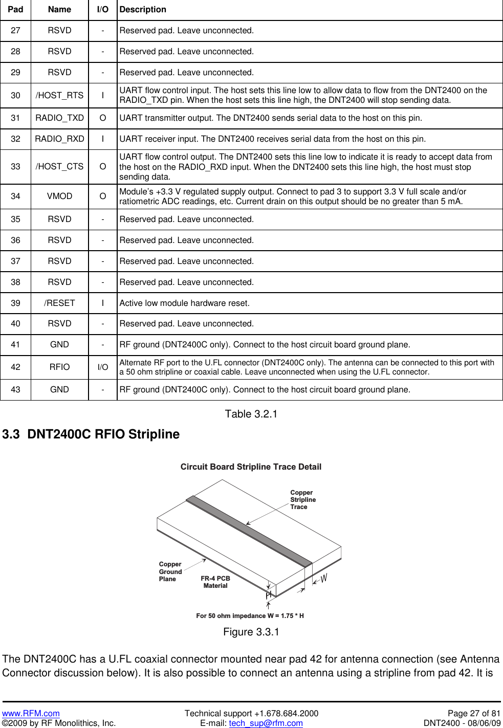   www.RFM.com  Technical support +1.678.684.2000  Page 27 of 81 ©2009 by RF Monolithics, Inc.  E-mail: tech_sup@rfm.com  DNT2400 - 08/06/09 Pad Name I/O  Description 27  RSVD  -  Reserved pad. Leave unconnected. 28  RSVD  -  Reserved pad. Leave unconnected. 29  RSVD  -  Reserved pad. Leave unconnected. 30 /HOST_RTS  I  UART flow control input. The host sets this line low to allow data to flow from the DNT2400 on the RADIO_TXD pin. When the host sets this line high, the DNT2400 will stop sending data. 31  RADIO_TXD  O  UART transmitter output. The DNT2400 sends serial data to the host on this pin. 32  RADIO_RXD  I  UART receiver input. The DNT2400 receives serial data from the host on this pin. 33 /HOST_CTS O UART flow control output. The DNT2400 sets this line low to indicate it is ready to accept data from the host on the RADIO_RXD input. When the DNT2400 sets this line high, the host must stop sending data. 34 VMOD O  Module’s +3.3 V regulated supply output. Connect to pad 3 to support 3.3 V full scale and/or ratiometric ADC readings, etc. Current drain on this output should be no greater than 5 mA. 35  RSVD  -  Reserved pad. Leave unconnected. 36  RSVD  -  Reserved pad. Leave unconnected. 37  RSVD  -  Reserved pad. Leave unconnected. 38  RSVD  -  Reserved pad. Leave unconnected. 39  /RESET  I  Active low module hardware reset. 40  RSVD  -  Reserved pad. Leave unconnected. 41  GND  -  RF ground (DNT2400C only). Connect to the host circuit board ground plane. 42 RFIO I/O  Alternate RF port to the U.FL connector (DNT2400C only). The antenna can be connected to this port with a 50 ohm stripline or coaxial cable. Leave unconnected when using the U.FL connector.  43  GND  -  RF ground (DNT2400C only). Connect to the host circuit board ground plane.  Table 3.2.1  3.3  DNT2400C RFIO Stripline  C o p p e rG r o u n dP l a n eC o p p e rS t r i p l i n eT r a c eF R - 4   P C BM a t e r i a lC i r c u i t   B o a r d   S t r i p l i n e   T r a c e   D e t a i lF o r   5 0   o h m   i m p e d a n c e   W   =   1 . 7 5   *   H Figure 3.3.1  The DNT2400C has a U.FL coaxial connector mounted near pad 42 for antenna connection (see Antenna Connector discussion below). It is also possible to connect an antenna using a stripline from pad 42. It is 