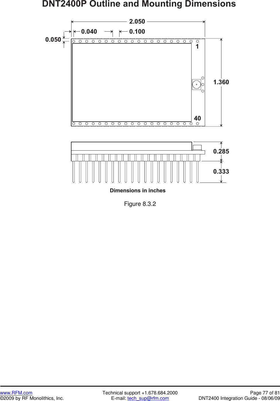    www.RFM.com  Technical support +1.678.684.2000  Page 77 of 81 ©2009 by RF Monolithics, Inc.  E-mail: tech_sup@rfm.com  DNT2400 Integration Guide - 08/06/09 D N T 2 4 0 0 P   O u t l i n e   a n d   M o u n t i n g   D i m e n s i o n sD i m e n s i o n s   i n   i n c h e s2 . 0 5 00 . 2 8 50 . 0 4 0 0 . 1 0 00 . 3 3 30 . 0 5 01 . 3 6 014 0 Figure 8.3.2  