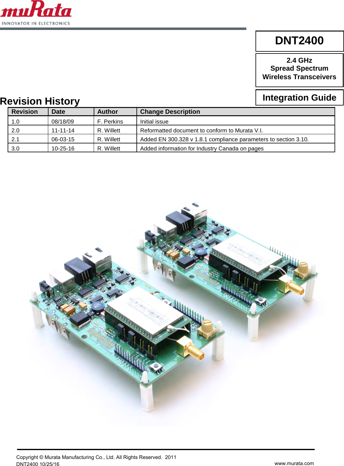Page 2 of Murata Electronics North America DNT2400P 2.4GHz Transceiver Module User Manual 16 0346   Exhibit Cover
