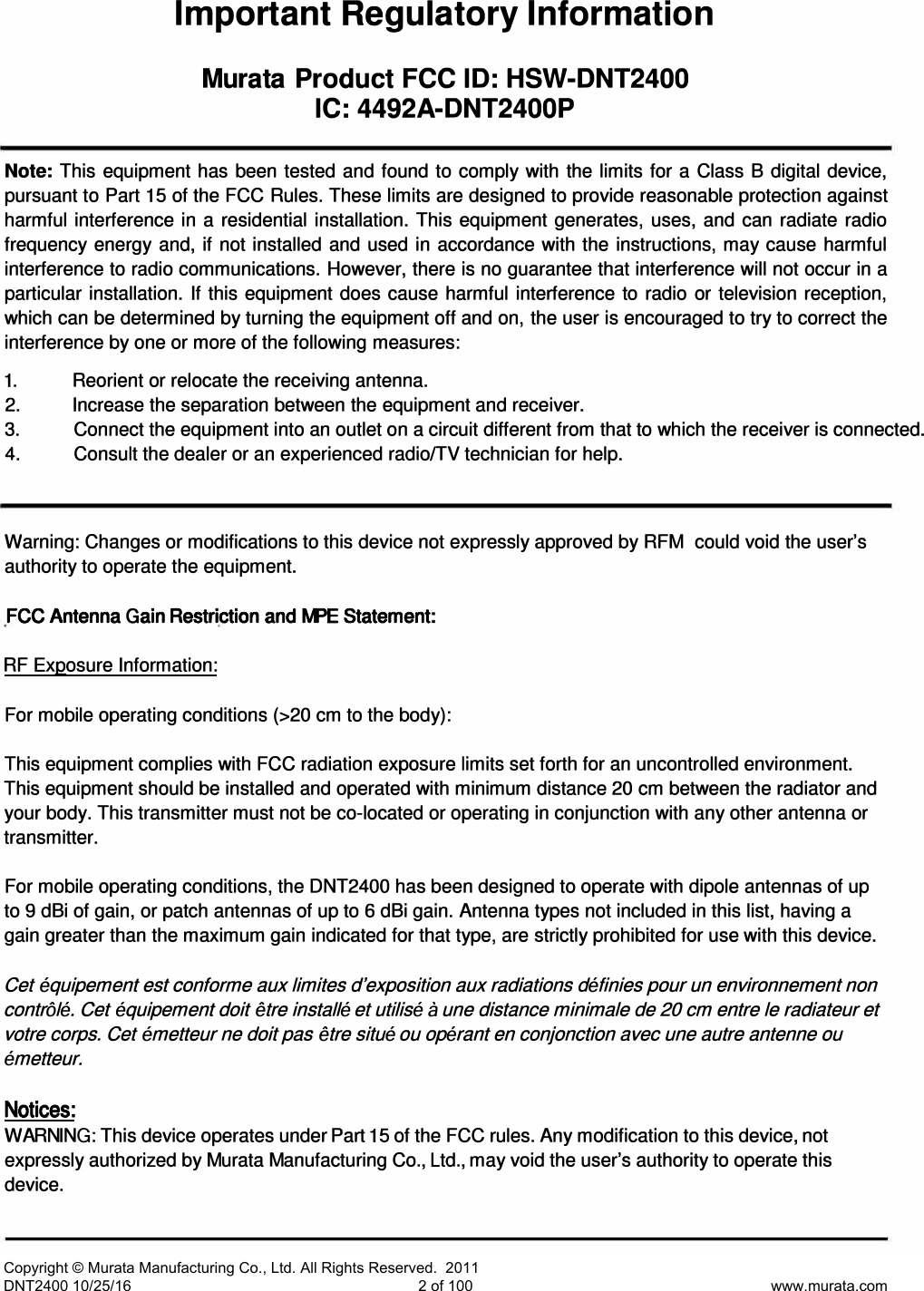 Page 3 of Murata Electronics North America DNT2400P 2.4GHz Transceiver Module User Manual 16 0346   Exhibit Cover