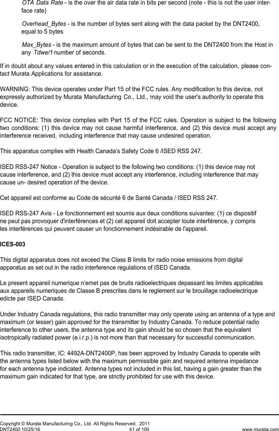 Page 42 of Murata Electronics North America DNT2400P 2.4GHz Transceiver Module User Manual 16 0346   Exhibit Cover