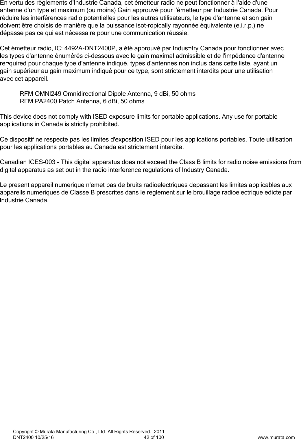 Page 43 of Murata Electronics North America DNT2400P 2.4GHz Transceiver Module User Manual 16 0346   Exhibit Cover