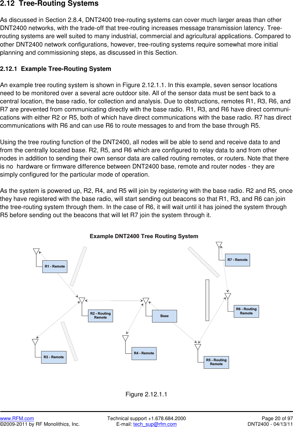   www.RFM.com  Technical support +1.678.684.2000  Page 20 of 97 ©2009-2011 by RF Monolithics, Inc.  E-mail: tech_sup@rfm.com  DNT2400 - 04/13/11 2.12  Tree-Routing Systems  As discussed in Section 2.8.4, DNT2400 tree-routing systems can cover much larger areas than other DNT2400 networks, with the trade-off that tree-routing increases message transmission latency. Tree-routing systems are well suited to many industrial, commercial and agricultural applications. Compared to other DNT2400 network configurations, however, tree-routing systems require somewhat more initial planning and commissioning steps, as discussed in this Section.  2.12.1  Example Tree-Routing System  An example tree routing system is shown in Figure 2.12.1.1. In this example, seven sensor locations need to be monitored over a several acre outdoor site. All of the sensor data must be sent back to a central location, the base radio, for collection and analysis. Due to obstructions, remotes R1, R3, R6, and R7 are prevented from communicating directly with the base radio. R1, R3, and R6 have direct communi-cations with either R2 or R5, both of which have direct communications with the base radio. R7 has direct communications with R6 and can use R6 to route messages to and from the base through R5.  Using the tree routing function of the DNT2400, all nodes will be able to send and receive data to and from the centrally located base. R2, R5, and R6 which are configured to relay data to and from other nodes in addition to sending their own sensor data are called routing remotes, or routers. Note that there is no  hardware or firmware difference between DNT2400 base, remote and router nodes - they are simply configured for the particular mode of operation.  As the system is powered up, R2, R4, and R5 will join by registering with the base radio. R2 and R5, once they have registered with the base radio, will start sending out beacons so that R1, R3, and R6 can join the tree-routing system through them. In the case of R6, it will wait until it has joined the system through R5 before sending out the beacons that will let R7 join the system through it.   E x a m p l e   D N T 2 4 0 0   T r e e   R o u t i n g   S y s t e mB a s eR 5   -   R o u t i n gR e m o t eR 4   -   R e m o t eR 3   -   R e m o t eR 6   -   R o u t i n gR e m o t eR 1   -   R e m o t eR 2   -   R o u t i n gR e m o t eR 7   -   R e m o t e  Figure 2.12.1.1  