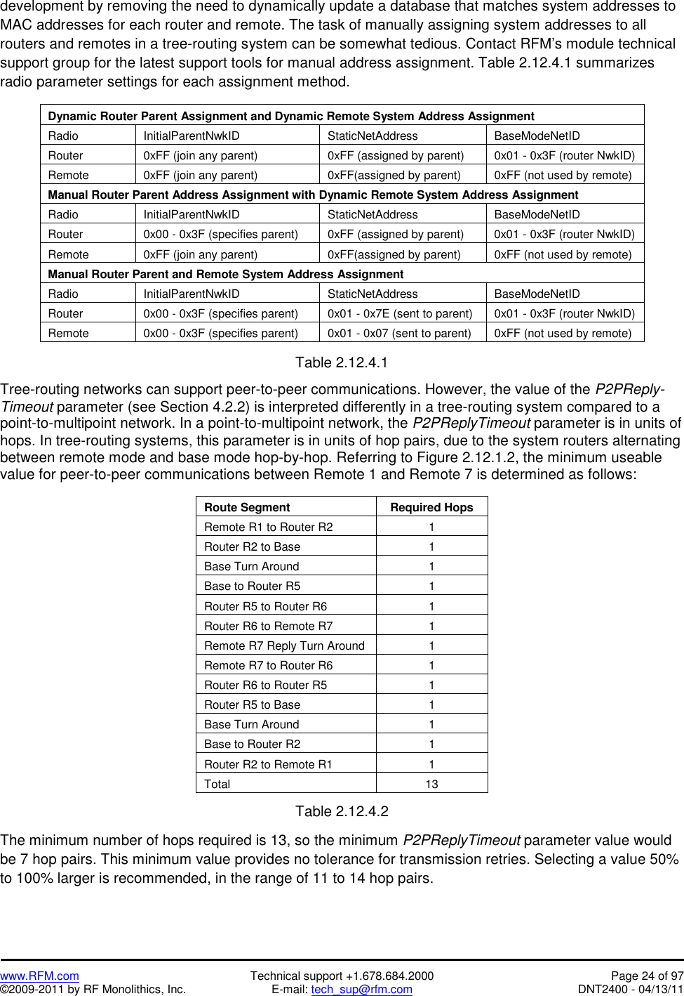   www.RFM.com  Technical support +1.678.684.2000  Page 24 of 97 ©2009-2011 by RF Monolithics, Inc.  E-mail: tech_sup@rfm.com  DNT2400 - 04/13/11 development by removing the need to dynamically update a database that matches system addresses to MAC addresses for each router and remote. The task of manually assigning system addresses to all routers and remotes in a tree-routing system can be somewhat tedious. Contact RFM’s module technical support group for the latest support tools for manual address assignment. Table 2.12.4.1 summarizes radio parameter settings for each assignment method.  Dynamic Router Parent Assignment and Dynamic Remote System Address Assignment Radio InitialParentNwkID  StaticNetAddress  BaseModeNetID Router  0xFF (join any parent)  0xFF (assigned by parent)  0x01 - 0x3F (router NwkID) Remote  0xFF (join any parent)  0xFF(assigned by parent)  0xFF (not used by remote) Manual Router Parent Address Assignment with Dynamic Remote System Address Assignment Radio InitialParentNwkID  StaticNetAddress  BaseModeNetID Router  0x00 - 0x3F (specifies parent)  0xFF (assigned by parent)  0x01 - 0x3F (router NwkID) Remote  0xFF (join any parent)  0xFF(assigned by parent)  0xFF (not used by remote) Manual Router Parent and Remote System Address Assignment Radio InitialParentNwkID  StaticNetAddress  BaseModeNetID Router  0x00 - 0x3F (specifies parent)  0x01 - 0x7E (sent to parent)  0x01 - 0x3F (router NwkID) Remote  0x00 - 0x3F (specifies parent)  0x01 - 0x07 (sent to parent)  0xFF (not used by remote)  Table 2.12.4.1  Tree-routing networks can support peer-to-peer communications. However, the value of the P2PReply-Timeout parameter (see Section 4.2.2) is interpreted differently in a tree-routing system compared to a point-to-multipoint network. In a point-to-multipoint network, the P2PReplyTimeout parameter is in units of hops. In tree-routing systems, this parameter is in units of hop pairs, due to the system routers alternating between remote mode and base mode hop-by-hop. Referring to Figure 2.12.1.2, the minimum useable value for peer-to-peer communications between Remote 1 and Remote 7 is determined as follows:  Route Segment  Required Hops Remote R1 to Router R2  1 Router R2 to Base  1 Base Turn Around  1 Base to Router R5  1 Router R5 to Router R6  1 Router R6 to Remote R7  1 Remote R7 Reply Turn Around  1 Remote R7 to Router R6  1 Router R6 to Router R5  1 Router R5 to Base  1 Base Turn Around  1 Base to Router R2  1 Router R2 to Remote R1  1 Total 13  Table 2.12.4.2  The minimum number of hops required is 13, so the minimum P2PReplyTimeout parameter value would be 7 hop pairs. This minimum value provides no tolerance for transmission retries. Selecting a value 50% to 100% larger is recommended, in the range of 11 to 14 hop pairs. 