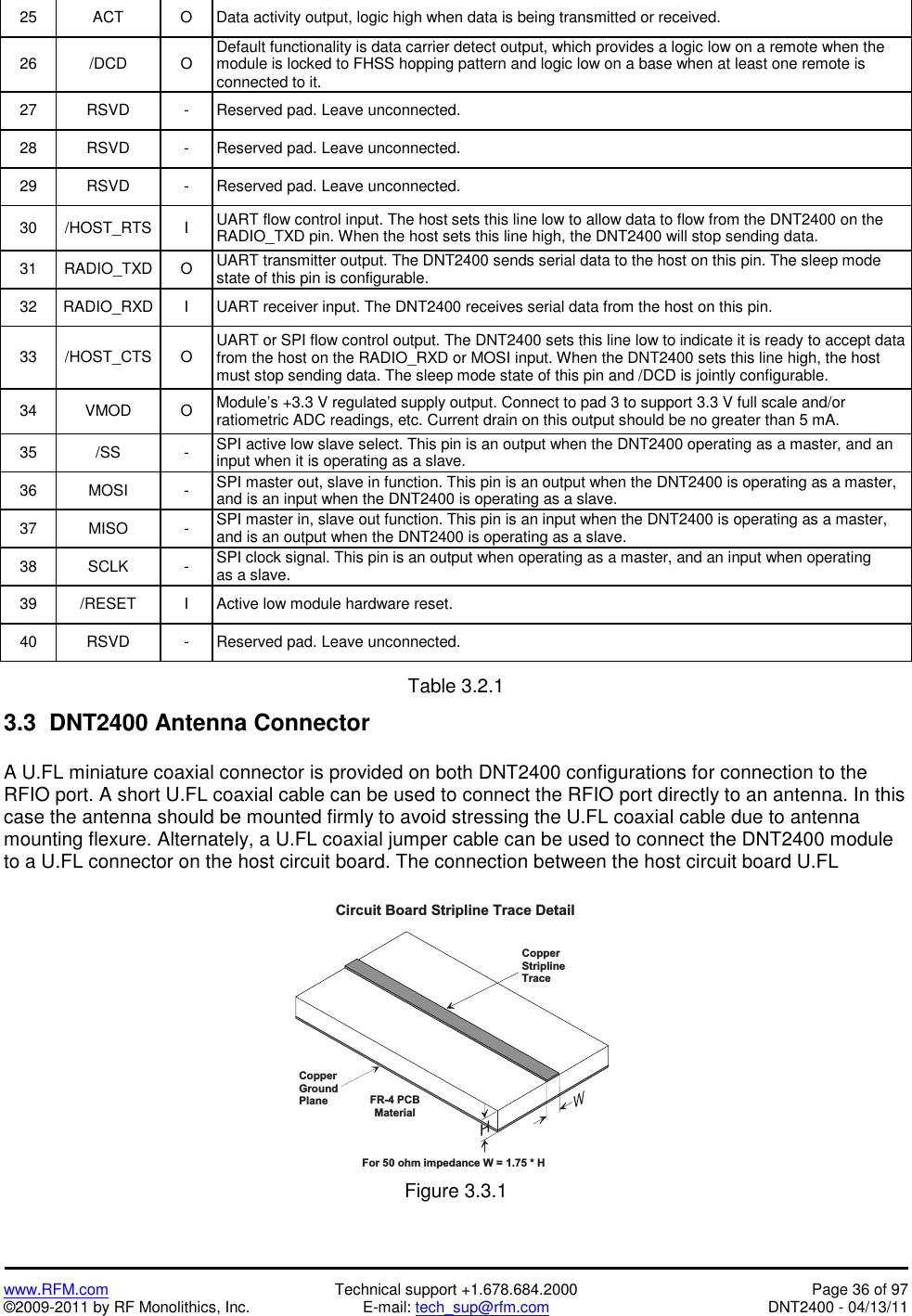   www.RFM.com  Technical support +1.678.684.2000  Page 36 of 97 ©2009-2011 by RF Monolithics, Inc.  E-mail: tech_sup@rfm.com  DNT2400 - 04/13/11  25  ACT  O  Data activity output, logic high when data is being transmitted or received. 26 /DCD O Default functionality is data carrier detect output, which provides a logic low on a remote when the module is locked to FHSS hopping pattern and logic low on a base when at least one remote is connected to it. 27  RSVD  -  Reserved pad. Leave unconnected. 28  RSVD  -  Reserved pad. Leave unconnected. 29  RSVD  -  Reserved pad. Leave unconnected. 30 /HOST_RTS  I  UART flow control input. The host sets this line low to allow data to flow from the DNT2400 on the RADIO_TXD pin. When the host sets this line high, the DNT2400 will stop sending data. 31 RADIO_TXD O UART transmitter output. The DNT2400 sends serial data to the host on this pin. The sleep mode state of this pin is configurable. 32  RADIO_RXD  I  UART receiver input. The DNT2400 receives serial data from the host on this pin. 33 /HOST_CTS O UART or SPI flow control output. The DNT2400 sets this line low to indicate it is ready to accept data from the host on the RADIO_RXD or MOSI input. When the DNT2400 sets this line high, the host must stop sending data. The sleep mode state of this pin and /DCD is jointly configurable. 34 VMOD O  Module’s +3.3 V regulated supply output. Connect to pad 3 to support 3.3 V full scale and/or ratiometric ADC readings, etc. Current drain on this output should be no greater than 5 mA. 35 /SS  - SPI active low slave select. This pin is an output when the DNT2400 operating as a master, and an input when it is operating as a slave. 36 MOSI  - SPI master out, slave in function. This pin is an output when the DNT2400 is operating as a master, and is an input when the DNT2400 is operating as a slave. 37 MISO  - SPI master in, slave out function. This pin is an input when the DNT2400 is operating as a master, and is an output when the DNT2400 is operating as a slave. 38 SCLK  - SPI clock signal. This pin is an output when operating as a master, and an input when operating as a slave. 39  /RESET  I  Active low module hardware reset. 40  RSVD  -  Reserved pad. Leave unconnected.  Table 3.2.1  3.3  DNT2400 Antenna Connector  A U.FL miniature coaxial connector is provided on both DNT2400 configurations for connection to the RFIO port. A short U.FL coaxial cable can be used to connect the RFIO port directly to an antenna. In this case the antenna should be mounted firmly to avoid stressing the U.FL coaxial cable due to antenna mounting flexure. Alternately, a U.FL coaxial jumper cable can be used to connect the DNT2400 module to a U.FL connector on the host circuit board. The connection between the host circuit board U.FL  C o p p e rG r o u n dP l a n eC o p p e rS t r i p l i n eT r a c eF R - 4   P C BM a t e r i a lC i r c u i t   B o a r d   S t r i p l i n e   T r a c e   D e t a i lF o r   5 0   o h m   i m p e d a n c e   W   =   1 . 7 5   *   H Figure 3.3.1  