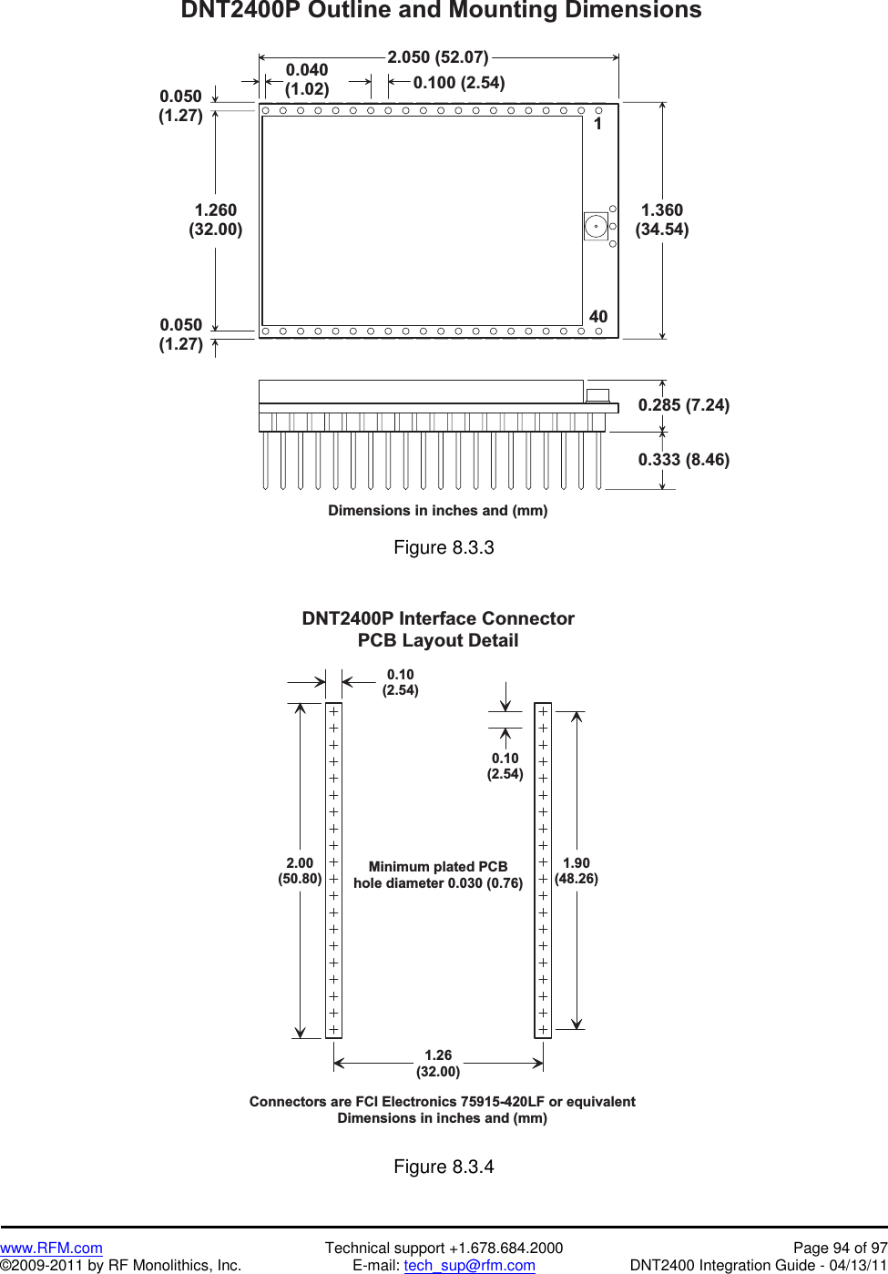    www.RFM.com  Technical support +1.678.684.2000  Page 94 of 97 ©2009-2011 by RF Monolithics, Inc.  E-mail: tech_sup@rfm.com  DNT2400 Integration Guide - 04/13/11 D N T 2 4 0 0 P   O u t l i n e   a n d   M o u n t i n g   D i m e n s i o n sD i m e n s i o n s   i n   i n c h e s   a n d   ( m m )2 . 0 5 0   ( 5 2 . 0 7 )0 . 2 8 5   ( 7 . 2 4 )0 . 0 4 0( 1 . 0 2 ) 0 . 1 0 0   ( 2 . 5 4 )0 . 3 3 3   ( 8 . 4 6 )0 . 0 5 0( 1 . 2 7 )1 . 3 6 0( 3 4 . 5 4 )14 01 . 2 6 0( 3 2 . 0 0 )0 . 0 5 0( 1 . 2 7 ) Figure 8.3.3  1 . 9 0( 4 8 . 2 6 )2 . 0 0( 5 0 . 8 0 )0 . 1 0( 2 . 5 4 )D N T 2 4 0 0 P   I n t e r f a c e   C o n n e c t o rP C B   L a y o u t   D e t a i l0 . 1 0( 2 . 5 4 )C o n n e c t o r s   a r e   F C I   E l e c t r o n i c s   7 5 9 1 5 - 4 2 0 L F   o r   e q u i v a l e n tD i m e n s i o n s   i n   i n c h e s   a n d   ( m m )1 . 2 6( 3 2 . 0 0 )M i n i m u m   p l a t e d   P C Bh o l e   d i a m e t e r   0 . 0 3 0   ( 0 . 7 6 ) Figure 8.3.4  