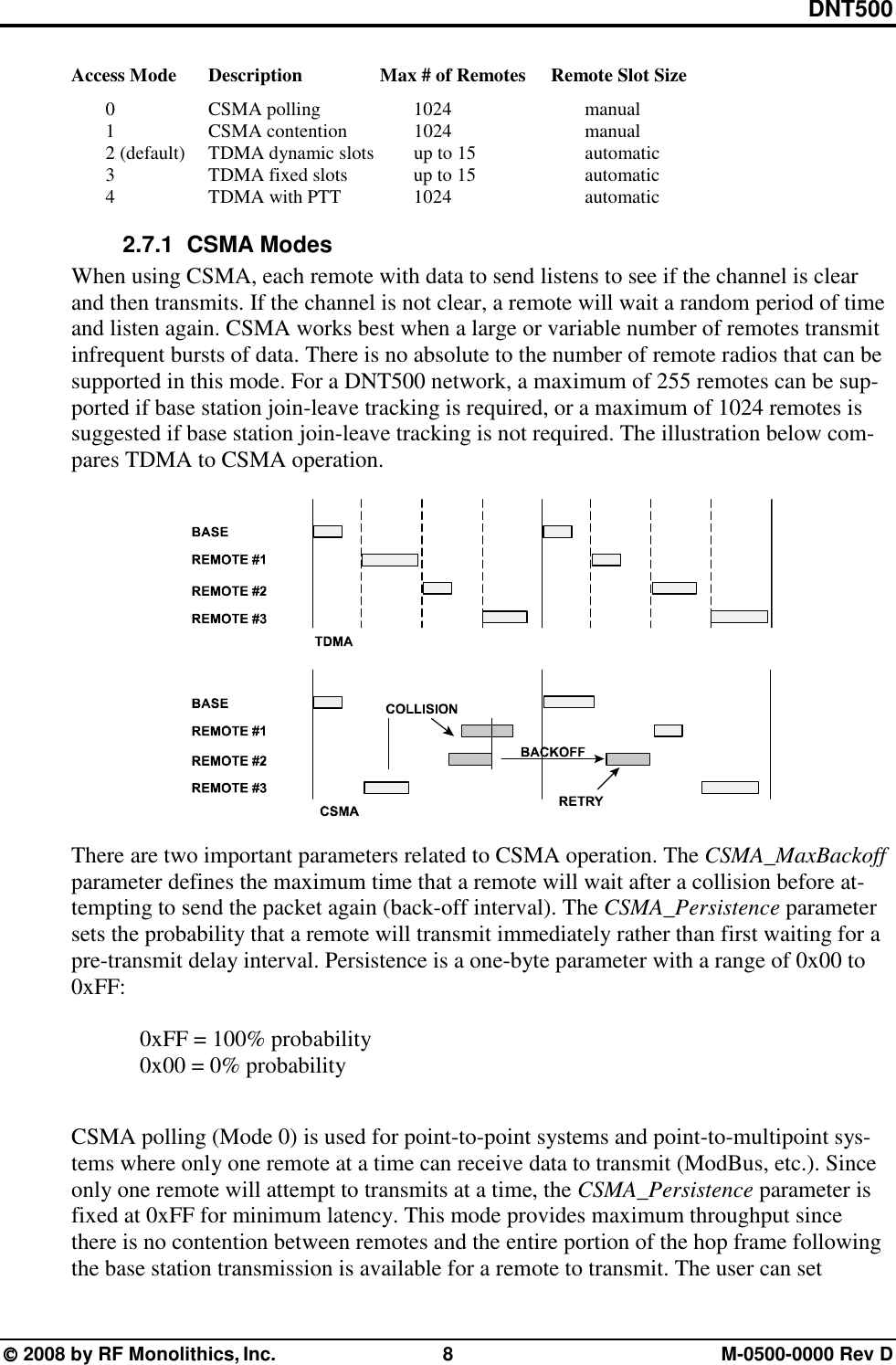 DNT500  2008 by RF Monolithics, Inc.  8  M-0500-0000 Rev D Access Mode  Description      Max # of Remotes  Remote Slot Size       0    CSMA polling   1024    manual       1    CSMA contention   1024    manual          2 (default)  TDMA dynamic slots   up to 15       automatic          3       TDMA fixed slots    up to 15       automatic       4    TDMA with PTT   1024    automatic 2.7.1   CSMA Modes When using CSMA, each remote with data to send listens to see if the channel is clear and then transmits. If the channel is not clear, a remote will wait a random period of time and listen again. CSMA works best when a large or variable number of remotes transmit infrequent bursts of data. There is no absolute to the number of remote radios that can be supported in this mode. For a DNT500 network, a maximum of 255 remotes can be sup-ported if base station join-leave tracking is required, or a maximum of 1024 remotes is suggested if base station join-leave tracking is not required. The illustration below com-pares TDMA to CSMA operation.    There are two important parameters related to CSMA operation. The CSMA_MaxBackoff parameter defines the maximum time that a remote will wait after a collision before at-tempting to send the packet again (back-off interval). The CSMA_Persistence parameter sets the probability that a remote will transmit immediately rather than first waiting for a pre-transmit delay interval. Persistence is a one-byte parameter with a range of 0x00 to 0xFF:  0xFF = 100% probability 0x00 = 0% probability  CSMA polling (Mode 0) is used for point-to-point systems and point-to-multipoint sys-tems where only one remote at a time can receive data to transmit (ModBus, etc.). Since only one remote will attempt to transmits at a time, the CSMA_Persistence parameter is fixed at 0xFF for minimum latency. This mode provides maximum throughput since there is no contention between remotes and the entire portion of the hop frame following the base station transmission is available for a remote to transmit. The user can set 