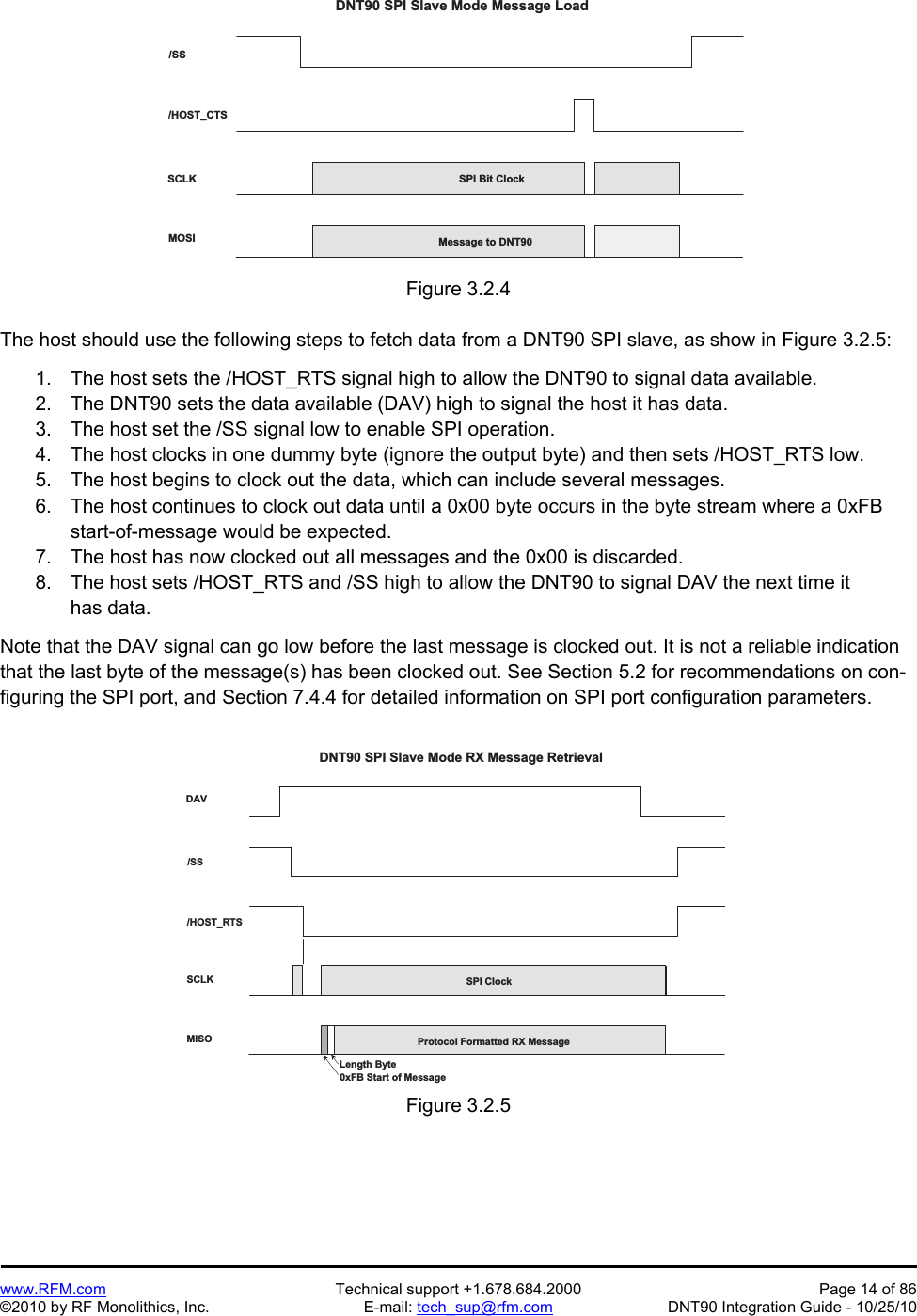   www.RFM.com  Technical support +1.678.684.2000  Page 14 of 86 ©2010 by RF Monolithics, Inc.  E-mail: tech_sup@rfm.com  DNT90 Integration Guide - 10/25/10  / S S/ H O S T _ C T SS C L KM O S IS P I   B i t   C l o c kM e s s a g e   t o   D N T 9 0  D N T 9 0   S P I   S l a v e   M o d e   M e s s a g e   L o a d Figure 3.2.4  The host should use the following steps to fetch data from a DNT90 SPI slave, as show in Figure 3.2.5:  1.  The host sets the /HOST_RTS signal high to allow the DNT90 to signal data available. 2.  The DNT90 sets the data available (DAV) high to signal the host it has data. 3.  The host set the /SS signal low to enable SPI operation. 4.  The host clocks in one dummy byte (ignore the output byte) and then sets /HOST_RTS low. 5.  The host begins to clock out the data, which can include several messages. 6.  The host continues to clock out data until a 0x00 byte occurs in the byte stream where a 0xFB start-of-message would be expected. 7.  The host has now clocked out all messages and the 0x00 is discarded. 8.  The host sets /HOST_RTS and /SS high to allow the DNT90 to signal DAV the next time it has data.  Note that the DAV signal can go low before the last message is clocked out. It is not a reliable indication that the last byte of the message(s) has been clocked out. See Section 5.2 for recommendations on con-figuring the SPI port, and Section 7.4.4 for detailed information on SPI port configuration parameters.  / S SDAVS C L KM I S OS P I   C l o c kP r o t o c o l   F o r m a t t e d   R X   M e s s a g eD N T 9 0   S P I   S l a v e   M o d e   R X   M e s s a g e   R e t r i e v a lL e n g t h   B y t e0 x F B   S t a r t   o f   M e s s a g e/ H O S T _ R T S Figure 3.2.5  