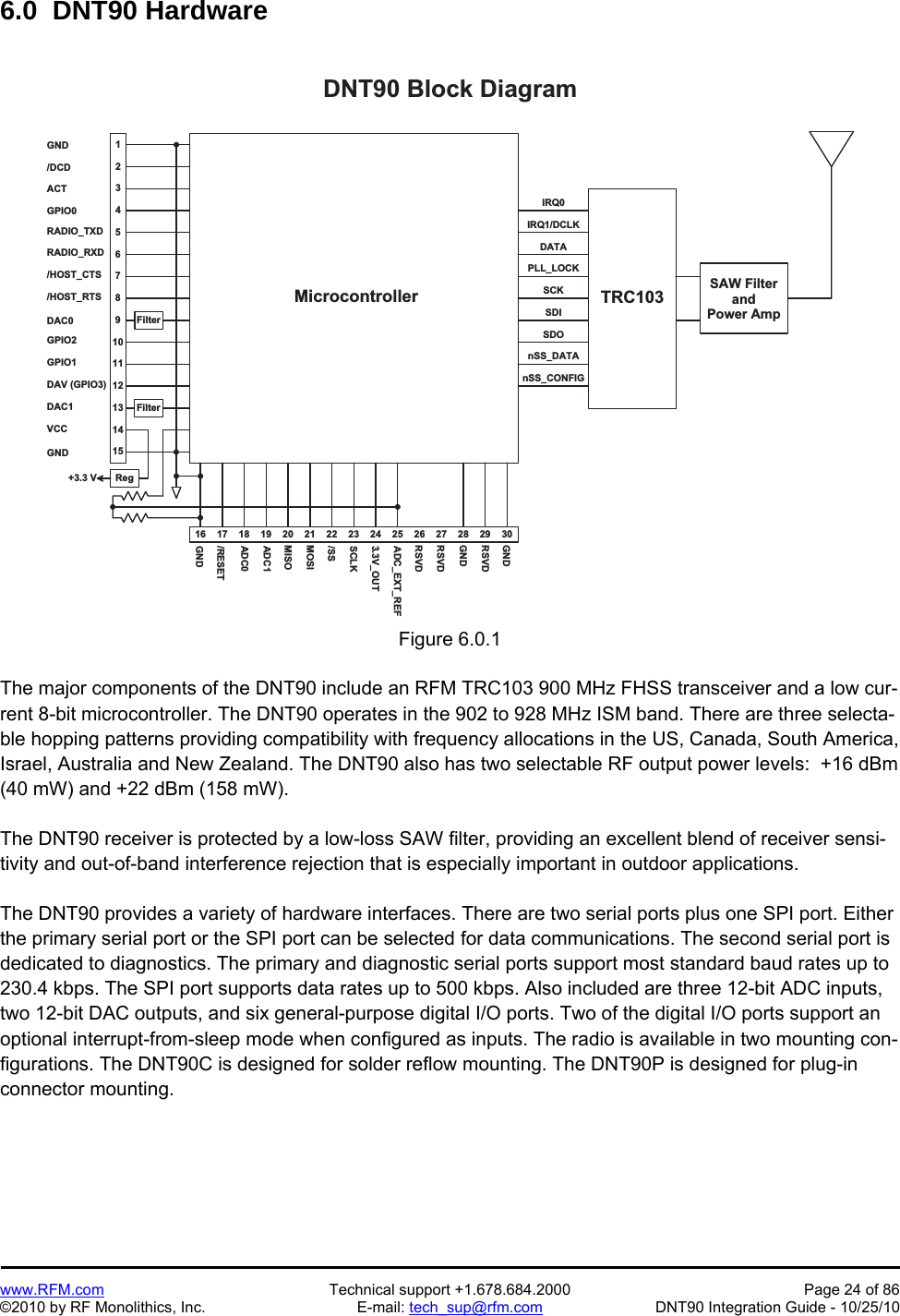   www.RFM.com  Technical support +1.678.684.2000  Page 24 of 86 ©2010 by RF Monolithics, Inc.  E-mail: tech_sup@rfm.com  DNT90 Integration Guide - 10/25/10 6.0  DNT90 Hardware  1 8 1 9 2 0 2 1 2 2 2 31 71 6 2 4 2 5 2 61 51 41 31 21 11 098765D N T 9 0   B l o c k   D i a g r a m2 7M i c r o c o n t r o l l e r4321R e gF i l t e rG N D/ D C DACTG P I O 0R A D I O _ T X DR A D I O _ R X D/ H O S T _ C T S/ H O S T _ R T SDAC0G P I O 2G P I O 1D A V   ( G P I O 3 )DAC1V C CG N DG N D/ R E S E TADC1M I S OM O S I/ S SS C L K3 . 3 V _ O U TA D C _ E X T _ R E FADC0+ 3 . 3   V2 8 2 9 3 0G N DG N DR S V DF i l t e rT R C 1 0 3I R Q 0I R Q 1 / D C L KD A T AP L L _ L O C KS C KS D IS D On S S _ D A T An S S _ C O N F I GS A W   F i l t e ra n dP o w e r   A m pR S V DR S V DFigure 6.0.1  The major components of the DNT90 include an RFM TRC103 900 MHz FHSS transceiver and a low cur-rent 8-bit microcontroller. The DNT90 operates in the 902 to 928 MHz ISM band. There are three selecta-ble hopping patterns providing compatibility with frequency allocations in the US, Canada, South America, Israel, Australia and New Zealand. The DNT90 also has two selectable RF output power levels:  +16 dBm (40 mW) and +22 dBm (158 mW).  The DNT90 receiver is protected by a low-loss SAW filter, providing an excellent blend of receiver sensi-tivity and out-of-band interference rejection that is especially important in outdoor applications.  The DNT90 provides a variety of hardware interfaces. There are two serial ports plus one SPI port. Either the primary serial port or the SPI port can be selected for data communications. The second serial port is dedicated to diagnostics. The primary and diagnostic serial ports support most standard baud rates up to 230.4 kbps. The SPI port supports data rates up to 500 kbps. Also included are three 12-bit ADC inputs, two 12-bit DAC outputs, and six general-purpose digital I/O ports. Two of the digital I/O ports support an optional interrupt-from-sleep mode when configured as inputs. The radio is available in two mounting con-figurations. The DNT90C is designed for solder reflow mounting. The DNT90P is designed for plug-in connector mounting.  