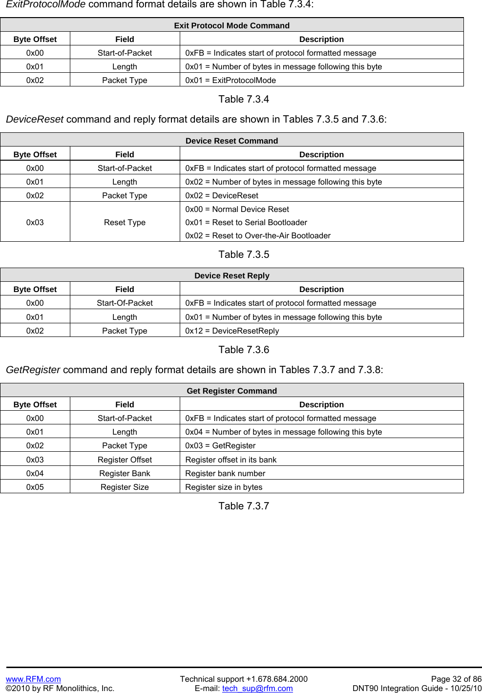   www.RFM.com  Technical support +1.678.684.2000  Page 32 of 86 ©2010 by RF Monolithics, Inc.  E-mail: tech_sup@rfm.com  DNT90 Integration Guide - 10/25/10 ExitProtocolMode command format details are shown in Table 7.3.4:  Exit Protocol Mode Command Byte Offset  Field  Description 0x00  Start-of-Packet  0xFB = Indicates start of protocol formatted message 0x01  Length  0x01 = Number of bytes in message following this byte 0x02  Packet Type  0x01 = ExitProtocolMode  Table 7.3.4  DeviceReset command and reply format details are shown in Tables 7.3.5 and 7.3.6:  Device Reset Command Byte Offset  Field  Description 0x00  Start-of-Packet  0xFB = Indicates start of protocol formatted message 0x01  Length  0x02 = Number of bytes in message following this byte 0x02  Packet Type  0x02 = DeviceReset 0x03 Reset Type 0x00 = Normal Device Reset 0x01 = Reset to Serial Bootloader 0x02 = Reset to Over-the-Air Bootloader  Table 7.3.5  Device Reset Reply Byte Offset  Field  Description 0x00  Start-Of-Packet  0xFB = Indicates start of protocol formatted message 0x01  Length  0x01 = Number of bytes in message following this byte 0x02  Packet Type  0x12 = DeviceResetReply  Table 7.3.6  GetRegister command and reply format details are shown in Tables 7.3.7 and 7.3.8:  Get Register Command Byte Offset  Field  Description 0x00  Start-of-Packet  0xFB = Indicates start of protocol formatted message 0x01  Length  0x04 = Number of bytes in message following this byte 0x02  Packet Type  0x03 = GetRegister 0x03  Register Offset  Register offset in its bank 0x04  Register Bank  Register bank number 0x05 Register Size Register size in bytes  Table 7.3.7  
