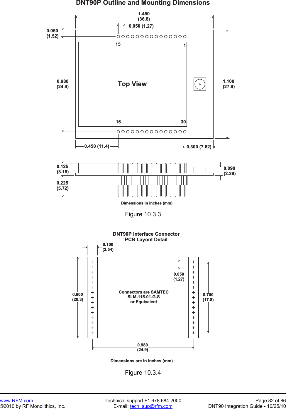   www.RFM.com  Technical support +1.678.684.2000  Page 82 of 86 ©2010 by RF Monolithics, Inc.  E-mail: tech_sup@rfm.com  DNT90 Integration Guide - 10/25/10 0 . 0 6 0( 1 . 5 2 )1 . 4 5 0( 3 6 . 8 )1 . 1 0 0( 2 7 . 9 )D N T 9 0 P   O u t l i n e   a n d   M o u n t i n g   D i m e n s i o n s0 . 0 5 0   ( 1 . 2 7 )1T o p   V i e w0 . 1 2 5( 3 . 1 8 )1 51 6 3 0D i m e n s i o n s   i n   i n c h e s   ( m m )0 . 4 5 0   ( 1 1 . 4 )0 . 0 9 0( 2 . 2 9 )0 . 2 2 5( 5 . 7 2 )0 . 9 8 0( 2 4 . 9 )0 . 3 0 0   ( 7 . 6 2 ) Figure 10.3.3  0.980( 2 4 . 9 )0.050( 1 . 2 7 )0.700( 1 7 . 8 )0.100( 2 . 5 4 )0.800( 2 0 . 3 )D N T 9 0 P   I n t e r f a c e   C o n n e c t o rP C B   L a y o u t   D e t a i lC o n n e c t o r s   a r e   S A M T E CS L M - 1 1 5 - 0 1 - G - So r   E q u i v a l e n tD i m e n s i o n s   a r e   i n   i n c h e s   ( m m ) Figure 10.3.4 
