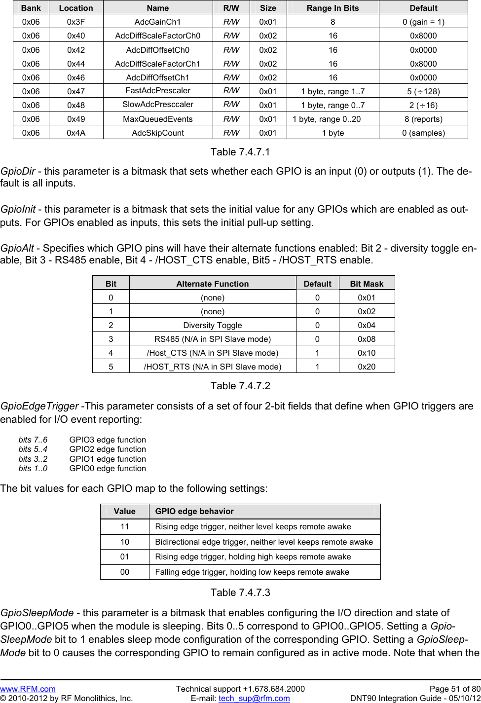Preliminary   www.RFM.com  Technical support +1.678.684.2000  Page 51 of 80 © 2010-2012 by RF Monolithics, Inc.  E-mail: tech_sup@rfm.com  DNT90 Integration Guide - 05/10/12 Bank Location Name R/W Size Range In Bits Default 0x06 0x3F  AdcGainCh1  R/W  0x01  8  0 (gain = 1) 0x06 0x40  AdcDiffScaleFactorCh0 R/W  0x02 16  0x8000 0x06 0x42  AdcDiffOffsetCh0  R/W  0x02 16  0x0000 0x06 0x44  AdcDiffScaleFactorCh1 R/W  0x02 16  0x8000 0x06 0x46  AdcDiffOffsetCh1  R/W  0x02 16  0x0000 0x06 0x47  FastAdcPrescaler  R/W 0x01  1 byte, range 1..7  5 (128) 0x06 0x48  SlowAdcPresccaler  R/W 0x01  1 byte, range 0..7  2 (16) 0x06 0x49  MaxQueuedEvents  R/W  0x01  1 byte, range 0..20  8 (reports) 0x06 0x4A  AdcSkipCount  R/W  0x01  1 byte  0 (samples)                                                                Table 7.4.7.1  GpioDir - this parameter is a bitmask that sets whether each GPIO is an input (0) or outputs (1). The de-fault is all inputs.  GpioInit - this parameter is a bitmask that sets the initial value for any GPIOs which are enabled as out-puts. For GPIOs enabled as inputs, this sets the initial pull-up setting.  GpioAlt - Specifies which GPIO pins will have their alternate functions enabled: Bit 2 - diversity toggle en-able, Bit 3 - RS485 enable, Bit 4 - /HOST_CTS enable, Bit5 - /HOST_RTS enable.  Bit  Alternate Function  Default  Bit Mask 0 (none)  0 0x01 1 (none)  0 0x02 2 Diversity Toggle  0 0x04 3  RS485 (N/A in SPI Slave mode)  0  0x08 4  /Host_CTS (N/A in SPI Slave mode)  1  0x10 5  /HOST_RTS (N/A in SPI Slave mode)  1  0x20  Table 7.4.7.2  GpioEdgeTrigger -This parameter consists of a set of four 2-bit fields that define when GPIO triggers are enabled for I/O event reporting:   bits 7..6    GPIO3 edge function  bits 5..4    GPIO2 edge function  bits 3..2    GPIO1 edge function  bits 1..0    GPIO0 edge function  The bit values for each GPIO map to the following settings:  Value  GPIO edge behavior 11  Rising edge trigger, neither level keeps remote awake 10  Bidirectional edge trigger, neither level keeps remote awake 01  Rising edge trigger, holding high keeps remote awake 00  Falling edge trigger, holding low keeps remote awake  Table 7.4.7.3  GpioSleepMode - this parameter is a bitmask that enables configuring the I/O direction and state of  GPIO0..GPIO5 when the module is sleeping. Bits 0..5 correspond to GPIO0..GPIO5. Setting a Gpio-SleepMode bit to 1 enables sleep mode configuration of the corresponding GPIO. Setting a GpioSleep-Mode bit to 0 causes the corresponding GPIO to remain configured as in active mode. Note that when the 