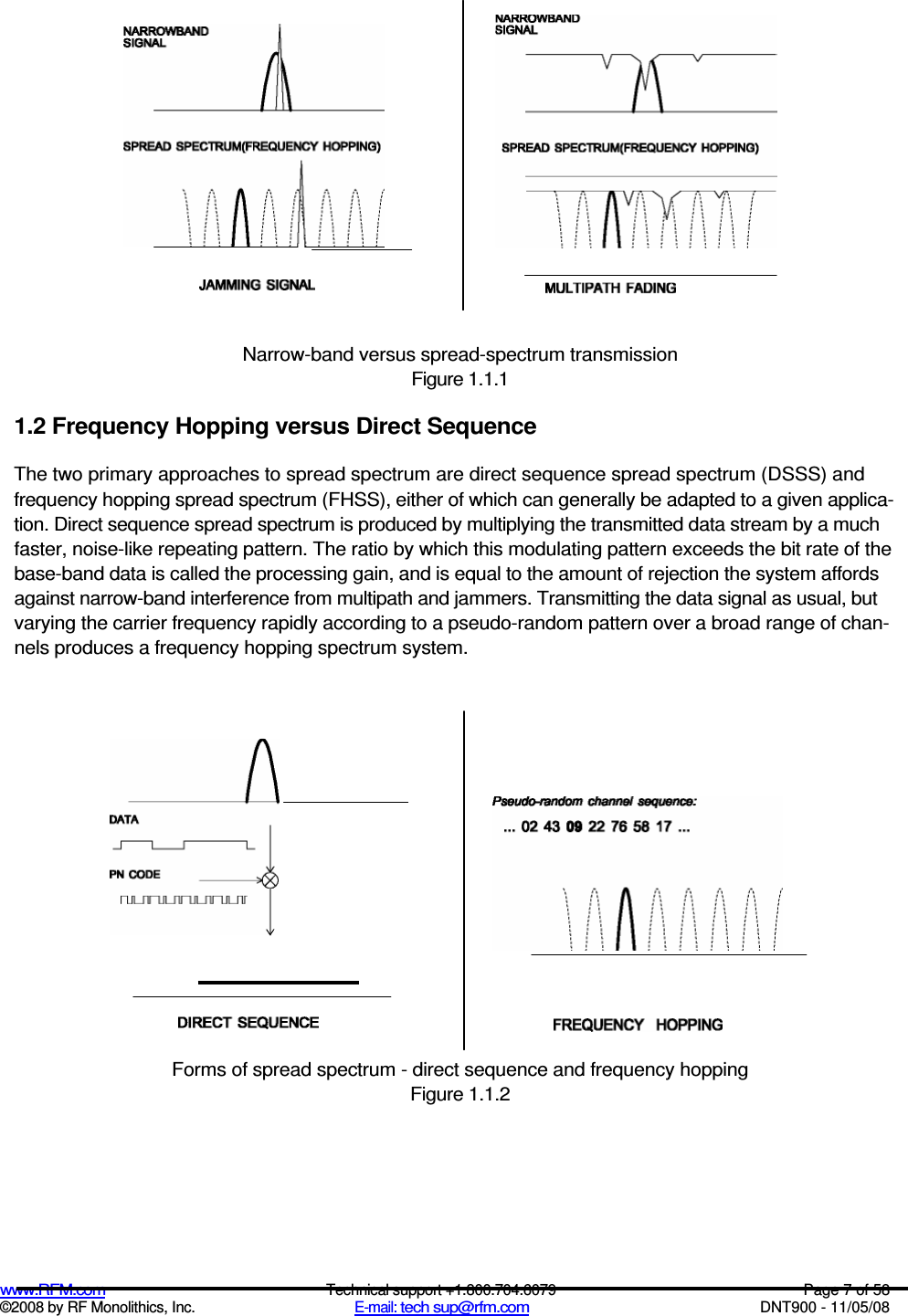  www.RFM.com  Technical support +1.800.704.6079  Page 7 of 58 ©2008 by RF Monolithics, Inc.  E-mail: tech sup@rfm.com  DNT900 - 11/05/08    Narrow-band versus spread-spectrum transmission Figure 1.1.1 1.2 Frequency Hopping versus Direct Sequence The two primary approaches to spread spectrum are direct sequence spread spectrum (DSSS) and frequency hopping spread spectrum (FHSS), either of which can generally be adapted to a given applica-tion. Direct sequence spread spectrum is produced by multiplying the transmitted data stream by a much faster, noise-like repeating pattern. The ratio by which this modulating pattern exceeds the bit rate of the base-band data is called the processing gain, and is equal to the amount of rejection the system affords against narrow-band interference from multipath and jammers. Transmitting the data signal as usual, but varying the carrier frequency rapidly according to a pseudo-random pattern over a broad range of chan-nels produces a frequency hopping spectrum system.   Forms of spread spectrum - direct sequence and frequency hopping Figure 1.1.2         