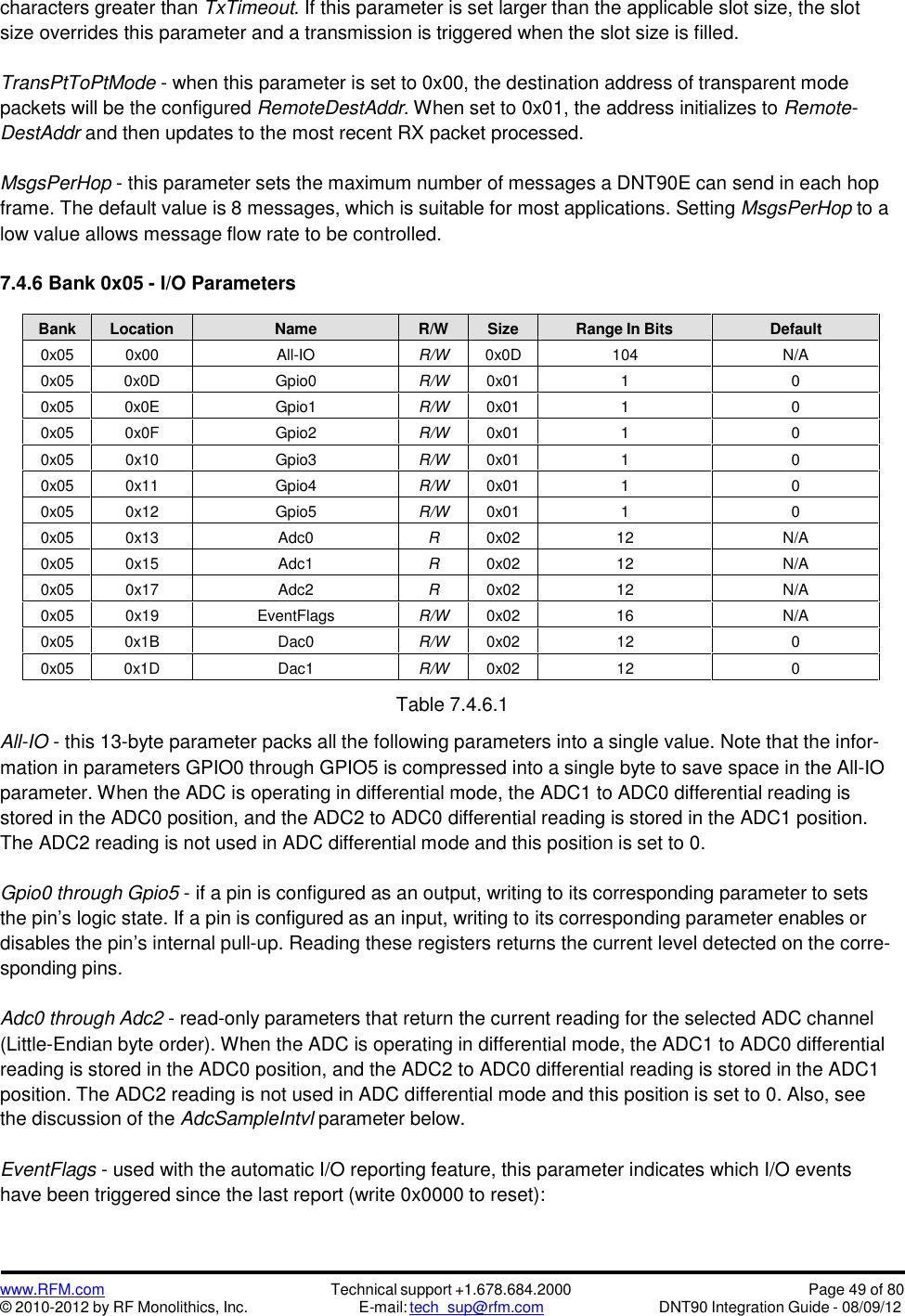 www.RFM.com© 2010-2012 by RF Monolithics, Inc.Technical support +1.678.684.2000E-mail: tech_sup@rfm.comPage 49 of 80DNT90 Integration Guide - 08/09/12characters greater than TxTimeout. If this parameter is set larger than the applicable slot size, the slotsize overrides this parameter and a transmission is triggered when the slot size is filled.TransPtToPtMode - when this parameter is set to 0x00, the destination address of transparent modepackets will be the configured RemoteDestAddr. When set to 0x01, the address initializes to Remote-DestAddr and then updates to the most recent RX packet processed.MsgsPerHop - this parameter sets the maximum number of messages a DNT90E can send in each hopframe. The default value is 8 messages, which is suitable for most applications. Setting MsgsPerHop to alow value allows message flow rate to be controlled.7.4.6 Bank 0x05 - I/O ParametersBankLocationNameR/WSizeRange In BitsDefault0x050x00All-IOR/W0x0D104N/A0x050x0DGpio0R/W0x01100x050x0EGpio1R/W0x01100x050x0FGpio2R/W0x01100x050x10Gpio3R/W0x01100x050x11Gpio4R/W0x01100x050x12Gpio5R/W0x01100x050x13Adc0R0x0212N/A0x050x15Adc1R0x0212N/A0x050x17Adc2R0x0212N/A0x050x19EventFlagsR/W0x0216N/A0x050x1BDac0R/W0x021200x050x1DDac1R/W0x02120Table 7.4.6.1All-IO - this 13-byte parameter packs all the following parameters into a single value. Note that the infor-mation in parameters GPIO0 through GPIO5 is compressed into a single byte to save space in the All-IOparameter. When the ADC is operating in differential mode, the ADC1 to ADC0 differential reading isstored in the ADC0 position, and the ADC2 to ADC0 differential reading is stored in the ADC1 position.The ADC2 reading is not used in ADC differential mode and this position is set to 0.Gpio0 through Gpio5 - if a pin is configured as an output, writing to its corresponding parameter to setsthe pin’s logic state. If a pin is configured as an input, writing to its corresponding parameter enables ordisables the pin’s internal pull-up. Reading these registers returns the current level detected on the corre-sponding pins.Adc0 through Adc2 - read-only parameters that return the current reading for the selected ADC channel(Little-Endian byte order). When the ADC is operating in differential mode, the ADC1 to ADC0 differentialreading is stored in the ADC0 position, and the ADC2 to ADC0 differential reading is stored in the ADC1position. The ADC2 reading is not used in ADC differential mode and this position is set to 0. Also, seethe discussion of the AdcSampleIntvl parameter below.EventFlags - used with the automatic I/O reporting feature, this parameter indicates which I/O eventshave been triggered since the last report (write 0x0000 to reset):