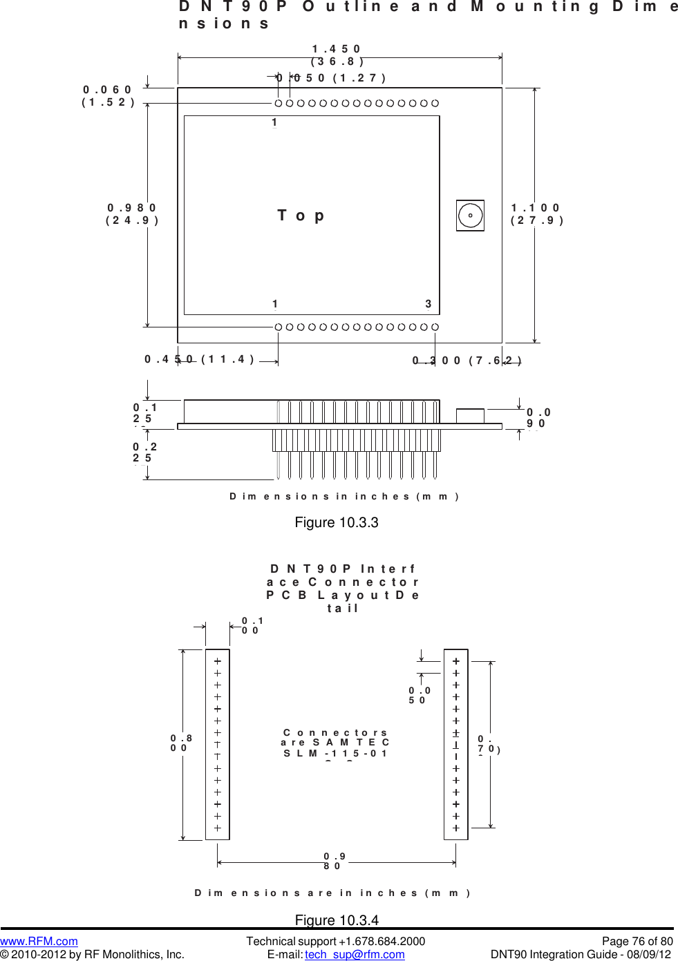 www.RFM.com© 2010-2012 by RF Monolithics, Inc.Technical support +1.678.684.2000E-mail: tech_sup@rfm.comPage 76 of 80DNT90 Integration Guide - 08/09/120 . 10 0( 2  .5 4)0 . 05 0( 1  .2 7)0 . 80 0( 20 . 3)C o n n e c  t o r sa  r e S A M T E CS L M - 1  1 5 - 0  1- G - So r E q u i v a l en t0 .7 00( 17 .80 . 98 0( 24 . 9)D N T 9 0 P O u t l i n e a n d M o u n t i n g D i m en s i o n s0 . 0 6 0( 1 . 5 2 )1 . 4 5 0( 3 6 . 8 )0 . 0 5 0 ( 1 . 2 7 )0 . 9 8 0( 2 4 . 9 ) 1 . 1 0 0( 2 7 . 9 )0 . 4 5 0 ( 1 1 . 4 ) 0 . 3 0 0 ( 7 . 6 2 )D i m e n s i o n s i n i n c h e s ( m m )Figure 10.3.3D N T 9 0 P I n t e r fa c e C o n n e c t o rP C B L a y o u t D et a i l)D i m e n s  i o n s a r e   i n i n c h e  s ( m m )Figure 10.3.40 . 12 5( 3 .1 8)0 . 09 0( 2 .2 9)0 . 22 5( 5 .7 2)3016115T o pV i ew