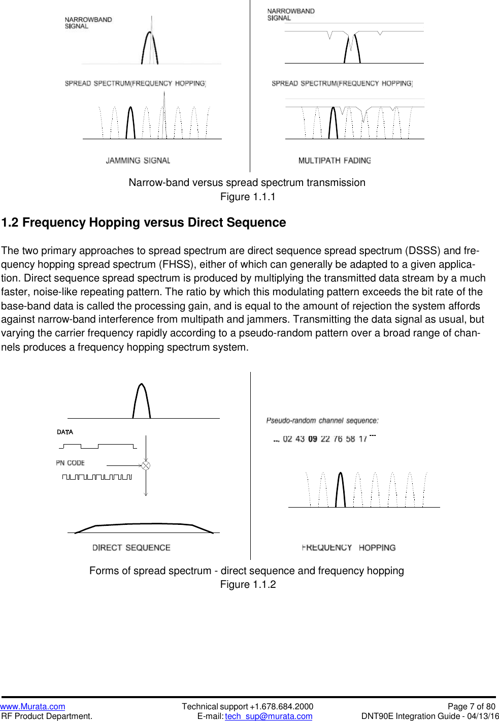 www.Murata.comRF Product Department.Technical support +1.678.684.2000E-mail: tech_sup@murata.comPage 7 of 80DNT90E Integration Guide - 04/13/16Narrow-band versus spread spectrum transmissionFigure 1.1.11.2 Frequency Hopping versus Direct SequenceThe two primary approaches to spread spectrum are direct sequence spread spectrum (DSSS) and fre-quency hopping spread spectrum (FHSS), either of which can generally be adapted to a given applica-tion. Direct sequence spread spectrum is produced by multiplying the transmitted data stream by a muchfaster, noise-like repeating pattern. The ratio by which this modulating pattern exceeds the bit rate of thebase-band data is called the processing gain, and is equal to the amount of rejection the system affordsagainst narrow-band interference from multipath and jammers. Transmitting the data signal as usual, butvarying the carrier frequency rapidly according to a pseudo-random pattern over a broad range of chan-nels produces a frequency hopping spectrum system.Forms of spread spectrum - direct sequence and frequency hoppingFigure 1.1.2