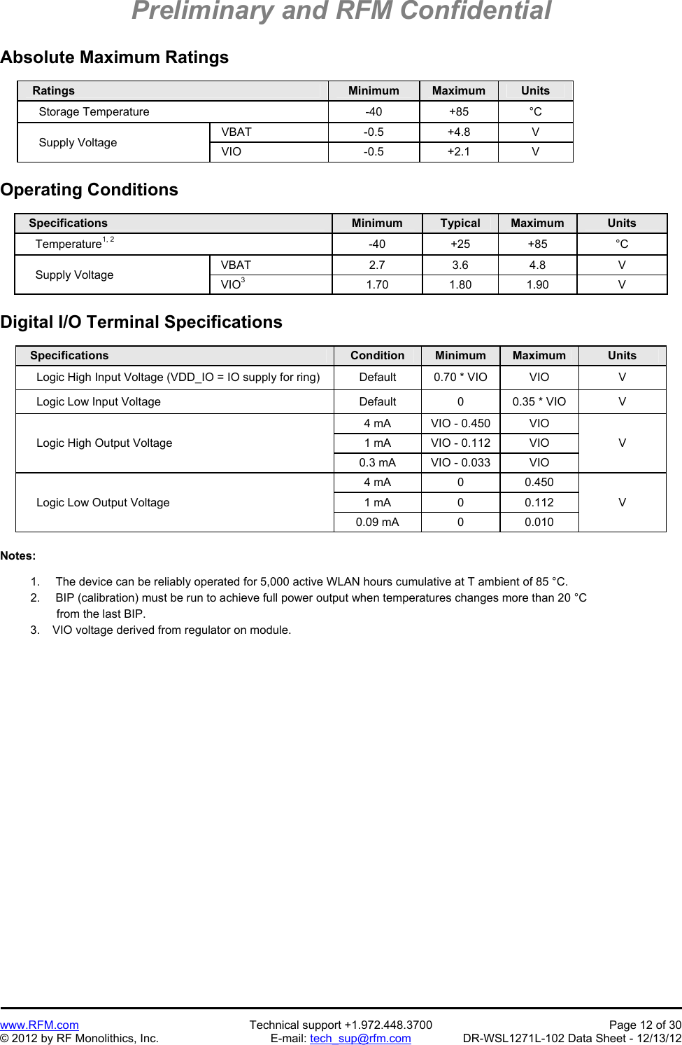 Preliminary and RFM Confidential   www.RFM.com  Technical support +1.972.448.3700  Page 12 of 30 © 2012 by RF Monolithics, Inc.  E-mail: tech_sup@rfm.com  DR-WSL1271L-102 Data Sheet - 12/13/12 Absolute Maximum Ratings    Ratings Minimum  Maximum  Units     Storage Temperature  -40  +85  °C     Supply Voltage   VBAT  -0.5  +4.8  V  VIO  -0.5  +2.1  V  Operating Conditions    Specifications Minimum  Typical  Maximum  Units     Temperature1, 2 -40 +25 +85 °C     Supply Voltage   VBAT  2.7  3.6  4.8  V  VIO3 1.70 1.80 1.90 V  Digital I/O Terminal Specifications    Specifications  Condition  Minimum  Maximum  Units     Logic High Input Voltage (VDD_IO = IO supply for ring)  Default  0.70 * VIO  VIO  V     Logic Low Input Voltage  Default  0  0.35 * VIO  V     Logic High Output Voltage 4 mA  VIO - 0.450  VIO V 1 mA  VIO - 0.112  VIO 0.3 mA  VIO - 0.033  VIO     Logic Low Output Voltage 4 mA  0  0.450 V 1 mA  0  0.112 0.09 mA  0  0.010  Notes:  1.   The device can be reliably operated for 5,000 active WLAN hours cumulative at T ambient of 85 °C. 2.   BIP (calibration) must be run to achieve full power output when temperatures changes more than 20 °C from the last BIP. 3.  VIO voltage derived from regulator on module. 
