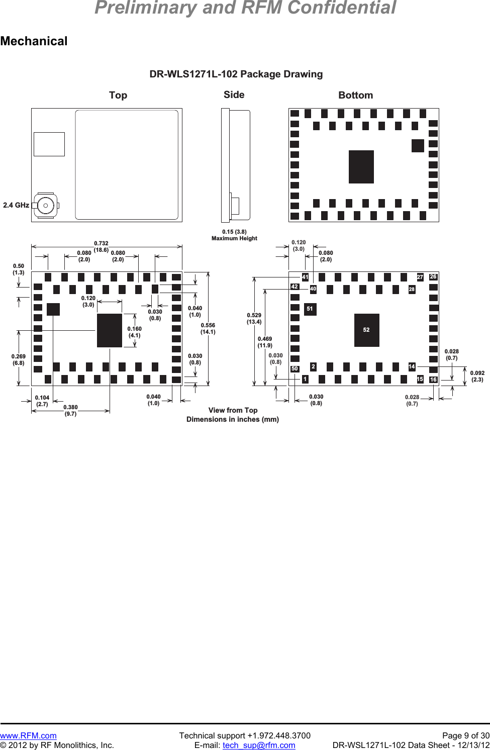 Preliminary and RFM Confidential   www.RFM.com  Technical support +1.972.448.3700  Page 9 of 30 © 2012 by RF Monolithics, Inc.  E-mail: tech_sup@rfm.com  DR-WSL1271L-102 Data Sheet - 12/13/12 Mechanical  Top S i d e B o t t o mD R - W L S 1 2 7 1 L - 1 0 2   P a c k a g e   D r a w i n g0 . 5 5 6( 1 4 . 1 )0 . 7 3 2( 1 8 . 6 )0 . 1 2 0( 3 . 0 )0 . 1 6 0( 4 . 1 )0 . 3 8 0( 9 . 7 )0 . 2 6 9( 6 . 8 )0 . 0 4 0( 1 . 0 )0 . 0 3 0( 0 . 8 )0 . 0 3 0( 0 . 8 )0 . 0 4 0( 1 . 0 )0 . 5 0( 1 . 3 )0 . 0 8 0( 2 . 0 )0 . 0 8 0( 2 . 0 )0 . 0 9 2( 2 . 3 )0 . 0 2 8( 0 . 7 )0 . 0 3 0( 0 . 8 )0 . 0 2 8( 0 . 7 )0 . 0 3 0( 0 . 8 )0 . 0 8 0( 2 . 0 )0 . 1 2 0( 3 . 0 )0 . 5 2 9( 1 3 . 4 )0 . 4 6 9( 1 1 . 9 )0 . 1 0 4( 2 . 7 )0 . 1 5   ( 3 . 8 )M a x i m u m   H e i g h tV i e w   f r o m   T o pD i m e n s i o n s   i n   i n c h e s   ( m m )121 41 5 1 62 62 74 14 25 05 15 22 84 02 . 4   G H z 