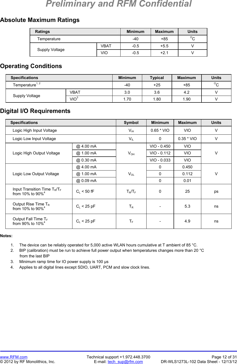 Preliminary and RFM Confidential   www.RFM.com  Technical support +1.972.448.3700  Page 12 of 31 © 2012 by RF Monolithics, Inc.  E-mail: tech_sup@rfm.com  DR-WLS1273L-102 Data Sheet - 12/13/12 Absolute Maximum Ratings    Ratings Minimum  Maximum  Units     Temperature  -40  +85  OC     Supply Voltage   VBAT  -0.5  +5.5  V  VIO  -0.5  +2.1  V  Operating Conditions    Specifications Minimum  Typical  Maximum  Units     Temperature1, 2 -40 +25 +85 OC     Supply Voltage   VBAT  3.0 3.6 4.2  V  VIO3  1.70 1.80 1.90  V  Digital I/O Requirements    Specifications  Symbol  Minimum  Maximum  Units     Logic High Input Voltage  VIH  0.65 * VIO  VIO  V     Logic Low Input Voltage  VIL  0  0.35 * VIO  V     Logic High Output Voltage  @ 4.00 mA VOH VIO - 0.450  VIO V  @ 1.00 mA  VIO - 0.112  VIO  @ 0.30 mA  VIO - 0.033  VIO     Logic Low Output Voltage  @ 4.00 mA VOL 0 0.450 V  @ 1.00 mA  0  0.112  @ 0.09 mA  0  0.01     Input Transition Time TR/TF     from 10% to 90%4  CL &lt; 50 fF  TR/TF 0  25  ps     Output Rise Time TR     from 10% to 90%4  CL &lt; 25 pF  TR - 5.3 ns     Output Fall Time TF     from 90% to 10%4  CL &lt; 25 pF  TF - 4.9 ns  Notes:  1.   The device can be reliably operated for 5,000 active WLAN hours cumulative at T ambient of 85 °C. 2.   BIP (calibration) must be run to achieve full power output when temperatures changes more than 20 °C from the last BIP 3.   Minimum ramp time for IO power supply is 100 µs 4.   Applies to all digital lines except SDIO, UART, PCM and slow clock lines. 