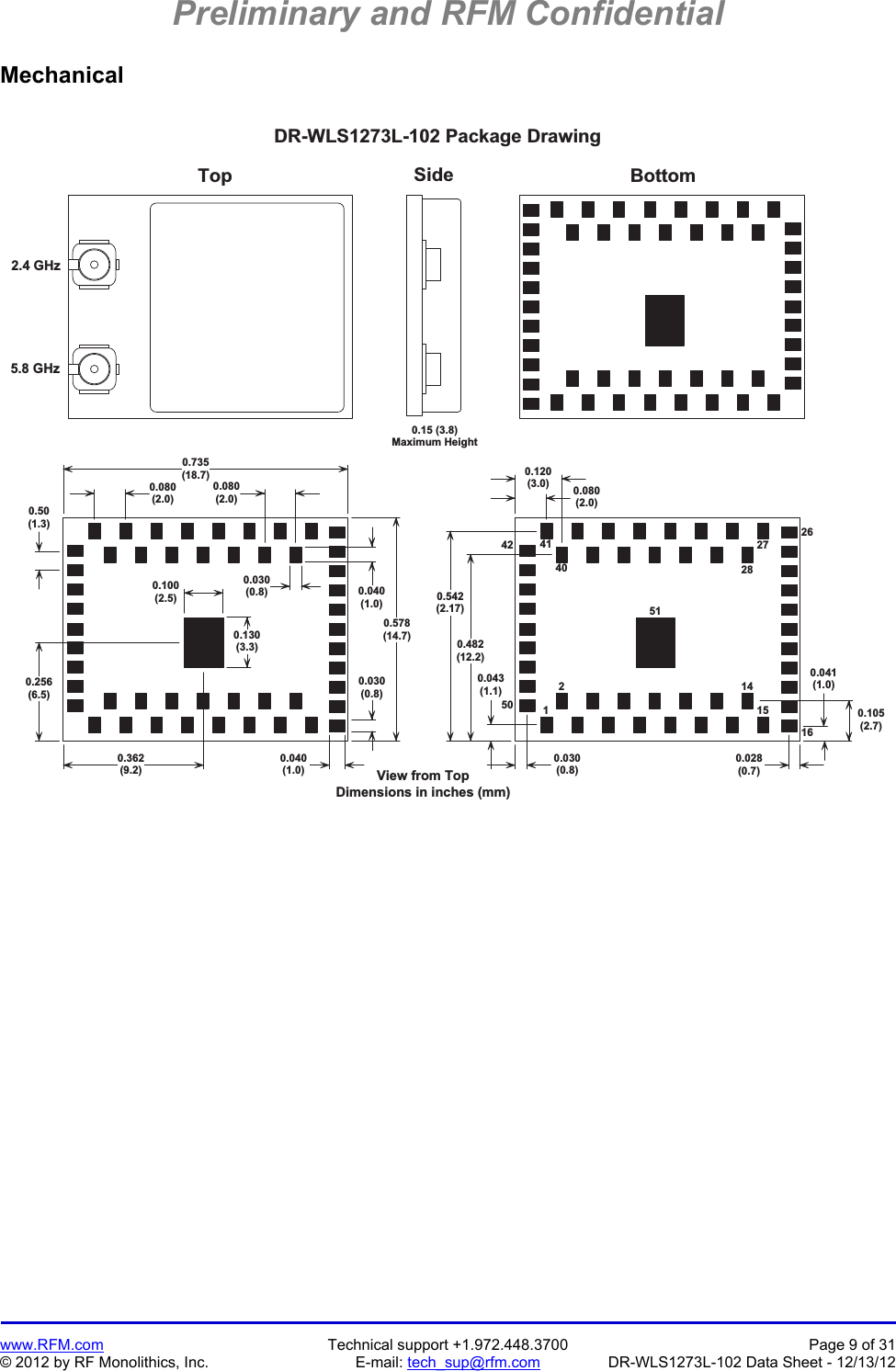 Preliminary and RFM Confidential   www.RFM.com  Technical support +1.972.448.3700  Page 9 of 31 © 2012 by RF Monolithics, Inc.  E-mail: tech_sup@rfm.com  DR-WLS1273L-102 Data Sheet - 12/13/12 Mechanical  0 . 5 7 8( 1 4 . 7 )0 . 7 3 5( 1 8 . 7 )0 . 1 0 0( 2 . 5 )0 . 1 3 0( 3 . 3 )0 . 3 6 2( 9 . 2 )0 . 2 5 6( 6 . 5 )0 . 0 4 0( 1 . 0 )0 . 0 3 0( 0 . 8 )0 . 0 3 0( 0 . 8 )0 . 0 4 0( 1 . 0 )0 . 5 0( 1 . 3 )0 . 0 8 0( 2 . 0 )0 . 0 8 0( 2 . 0 )0 . 1 0 5( 2 . 7 )0 . 0 4 1( 1 . 0 )0 . 0 3 0( 0 . 8 )0 . 0 2 8( 0 . 7 )0 . 5 4 2( 2 . 1 7 )0 . 4 8 2( 1 2 . 2 )0 . 0 4 3( 1 . 1 )D i m e n s i o n s   i n   i n c h e s   ( m m )Top S i d e B o t t o mD R - W L S 1 2 7 3 L - 1 0 2   P a c k a g e   D r a w i n g121 51 45 12 62 72 84 14 24 05 01 6V i e w   f r o m   T o p0 . 1 5   ( 3 . 8 )M a x i m u m   H e i g h t0 . 1 2 0( 3 . 0 ) 0 . 0 8 0( 2 . 0 )2 . 4   G H z5 . 8   G H z