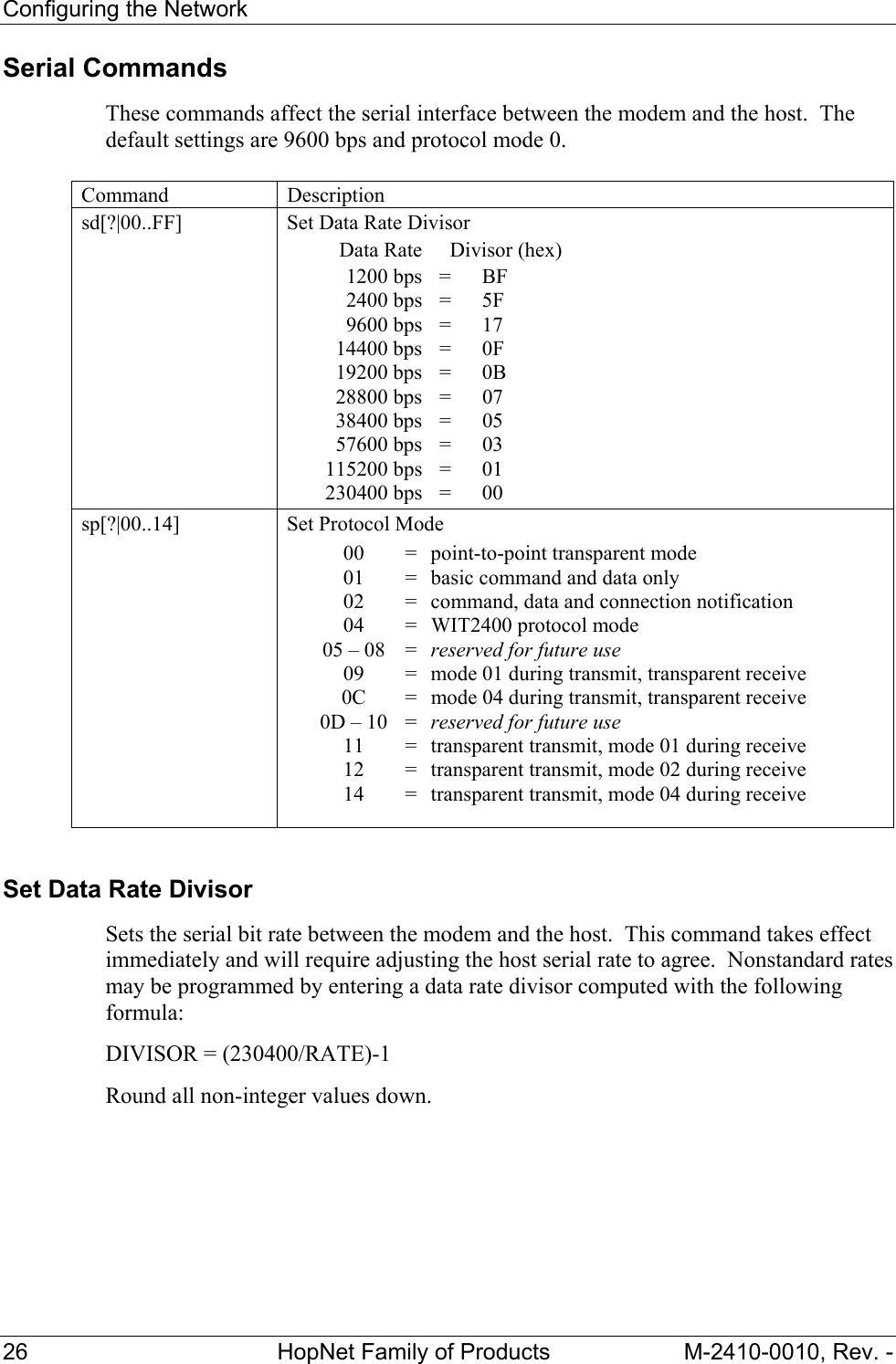 Configuring the Network 26  HopNet Family of Products  M-2410-0010, Rev. - Serial Commands These commands affect the serial interface between the modem and the host.  The default settings are 9600 bps and protocol mode 0.  Command Description sd[?|00..FF]  Set Data Rate Divisor   Data Rate    Divisor (hex)  1200 bps = BF  2400 bps = 5F  9600 bps = 17  14400 bps = 0F  19200 bps = 0B  28800 bps = 07  38400 bps = 05  57600 bps = 03  115200 bps = 01  230400 bps = 00 sp[?|00..14] Set Protocol Mode   00   =  point-to-point transparent mode   01   =  basic command and data only   02   =  command, data and connection notification   04   =  WIT2400 protocol mode   05 – 08   =  reserved for future use   09   =  mode 01 during transmit, transparent receive   0C   =  mode 04 during transmit, transparent receive   0D – 10   =  reserved for future use   11   =  transparent transmit, mode 01 during receive   12   =  transparent transmit, mode 02 during receive   14   =  transparent transmit, mode 04 during receive  Set Data Rate Divisor Sets the serial bit rate between the modem and the host.  This command takes effect immediately and will require adjusting the host serial rate to agree.  Nonstandard rates may be programmed by entering a data rate divisor computed with the following formula: DIVISOR = (230400/RATE)-1 Round all non-integer values down. 